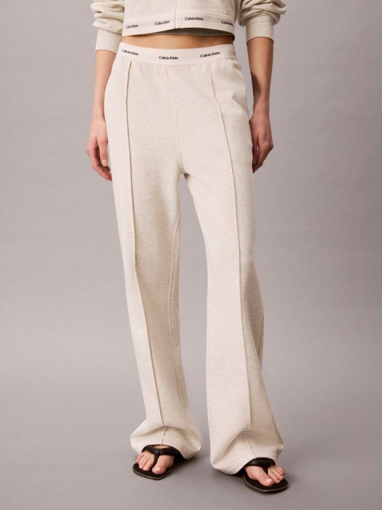 Calvin Klein Calvin Klein Kadın Rahat Kesim Lastikli Yüksek Belli Geniş Paçalı Pamuklu Pileli Krem Eşofman Altı LV047G253G-P4P
