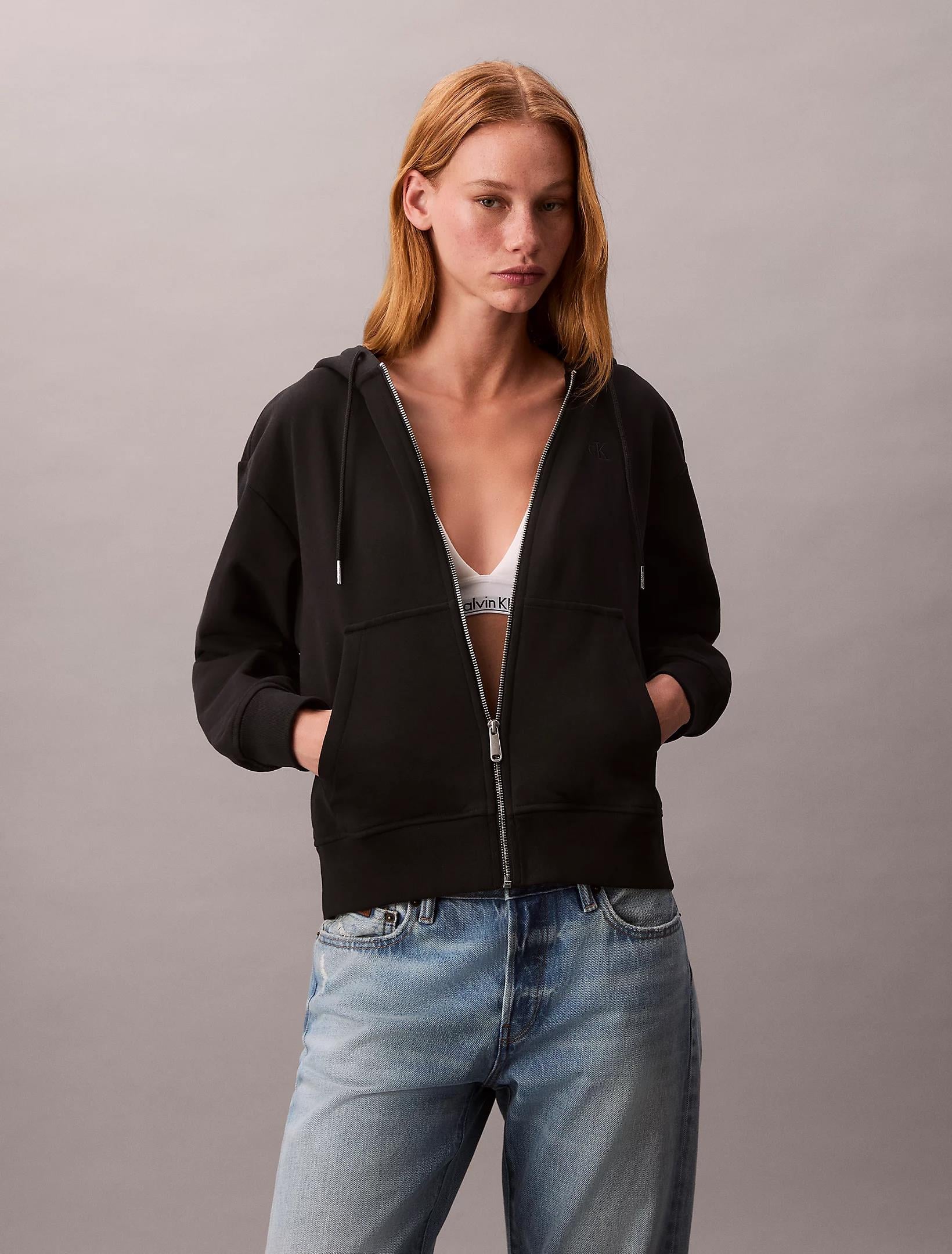 Calvin Klein Calvin Klein Kadın Regular Fit Fermuar Kapamalı Kapüşonlu Uzun Kollu Siyah Sweatshirt LV047B237G-UB1