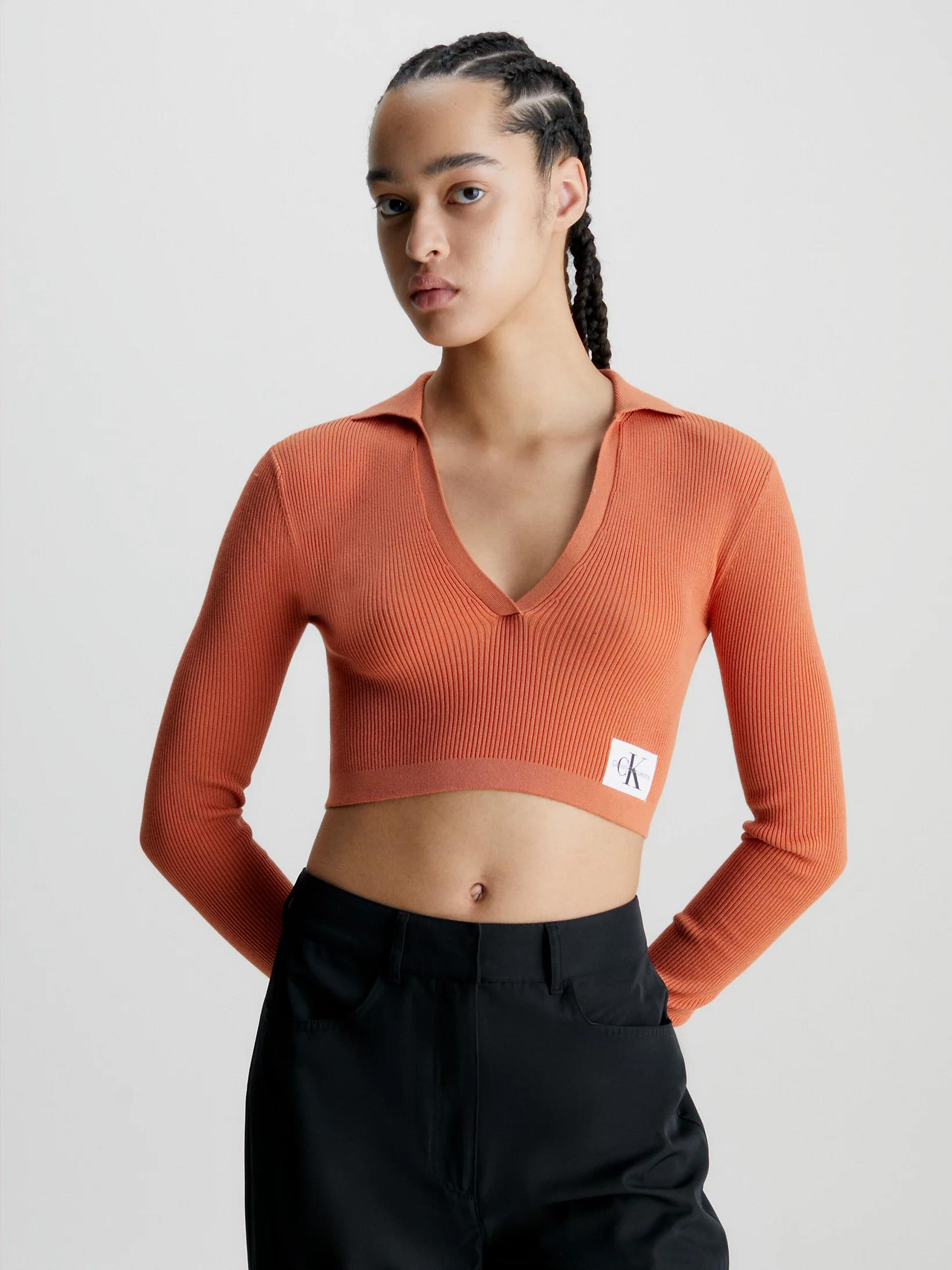 Calvin Klein Calvin Kleın Kadın Uzun Kollu V Yaka Crop Boy Turuncu Kazak J20J221969-SEC