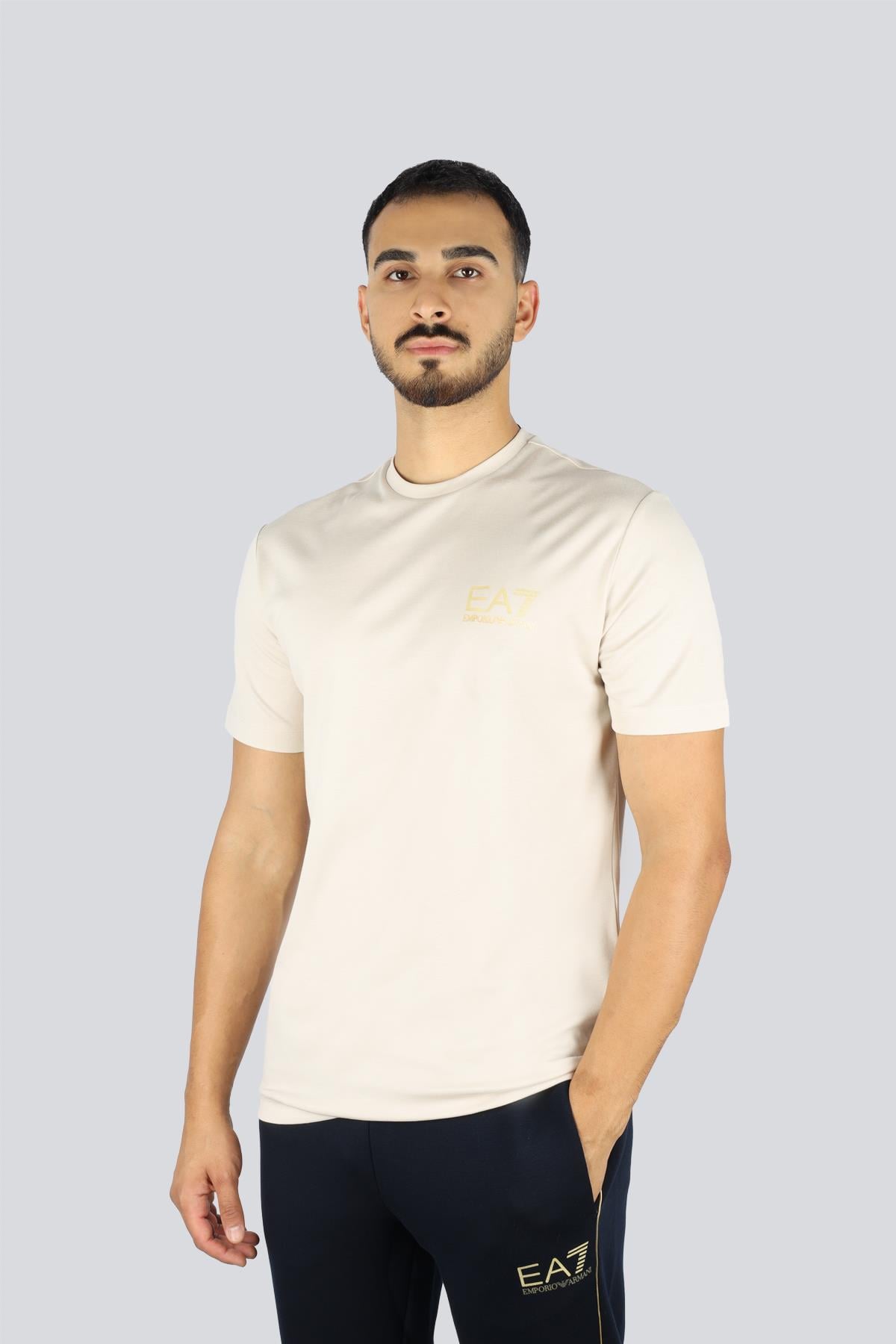 EA7 Ea7 Erkek Kısa Kol Bisiklet Yaka Pamuklu EA7 Desen Krem T-Shirt 7M000666 AF13739-U1086