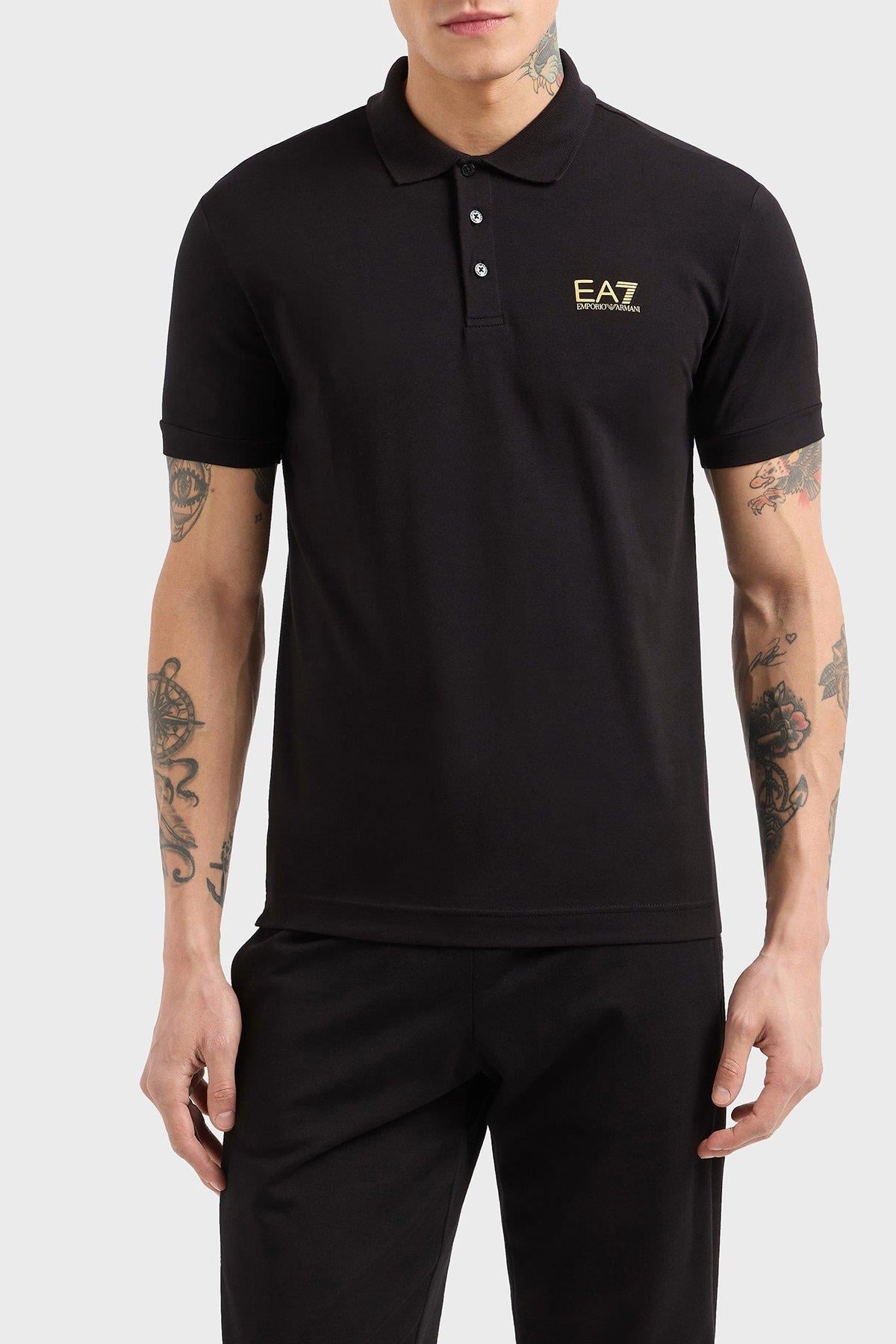 EA7 Ea7 Erkek Regular Fit Logo Baskılı Kısa Kollu Pamuklu Siyah Polo Yaka T-Shirt 8NPF14 PJVQZ-0208