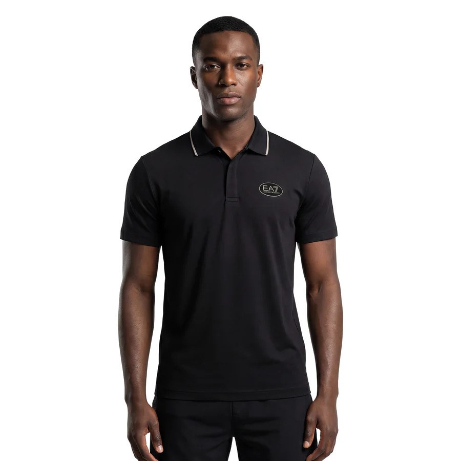 EA7 Ea7 Erkek Vücut Sıcaklığını Sabit Tutan Kumaş Dar Kalıp Logo Desenli Kısa Kollu Siyah Polo Yaka T-Shirt 7M001288 AF13520-UC001