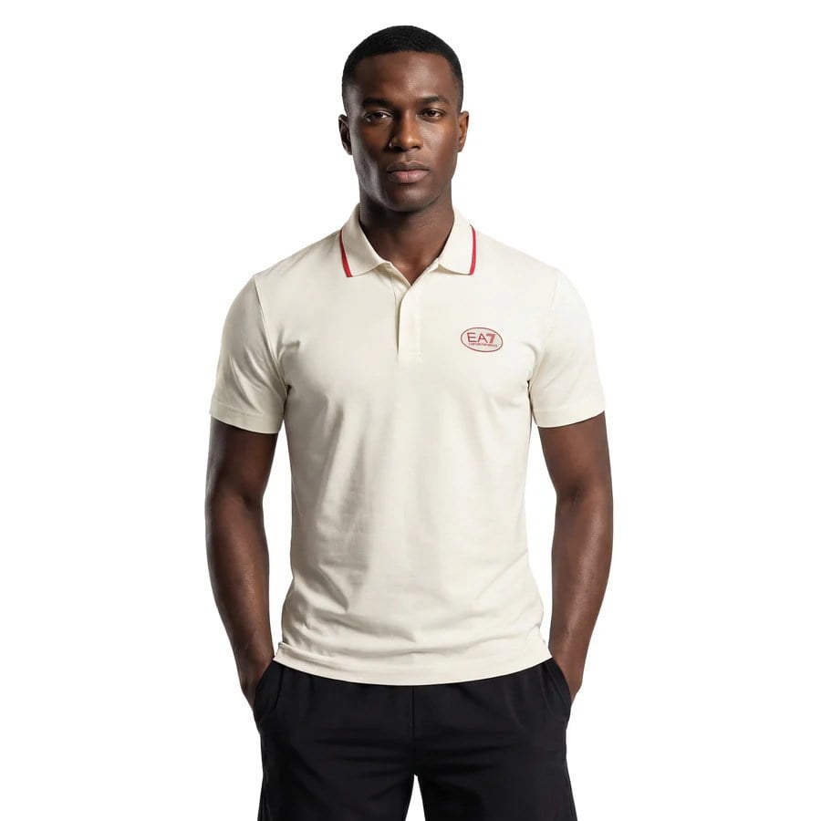 EA7 Ea7 Erkek Vücut Sıcaklığını Sabit Tutan Kumaş Dar Kalıp Logo Desenli Kısa Kollu Krem Polo Yaka T-Shirt 7M001288 AF13520-U0004