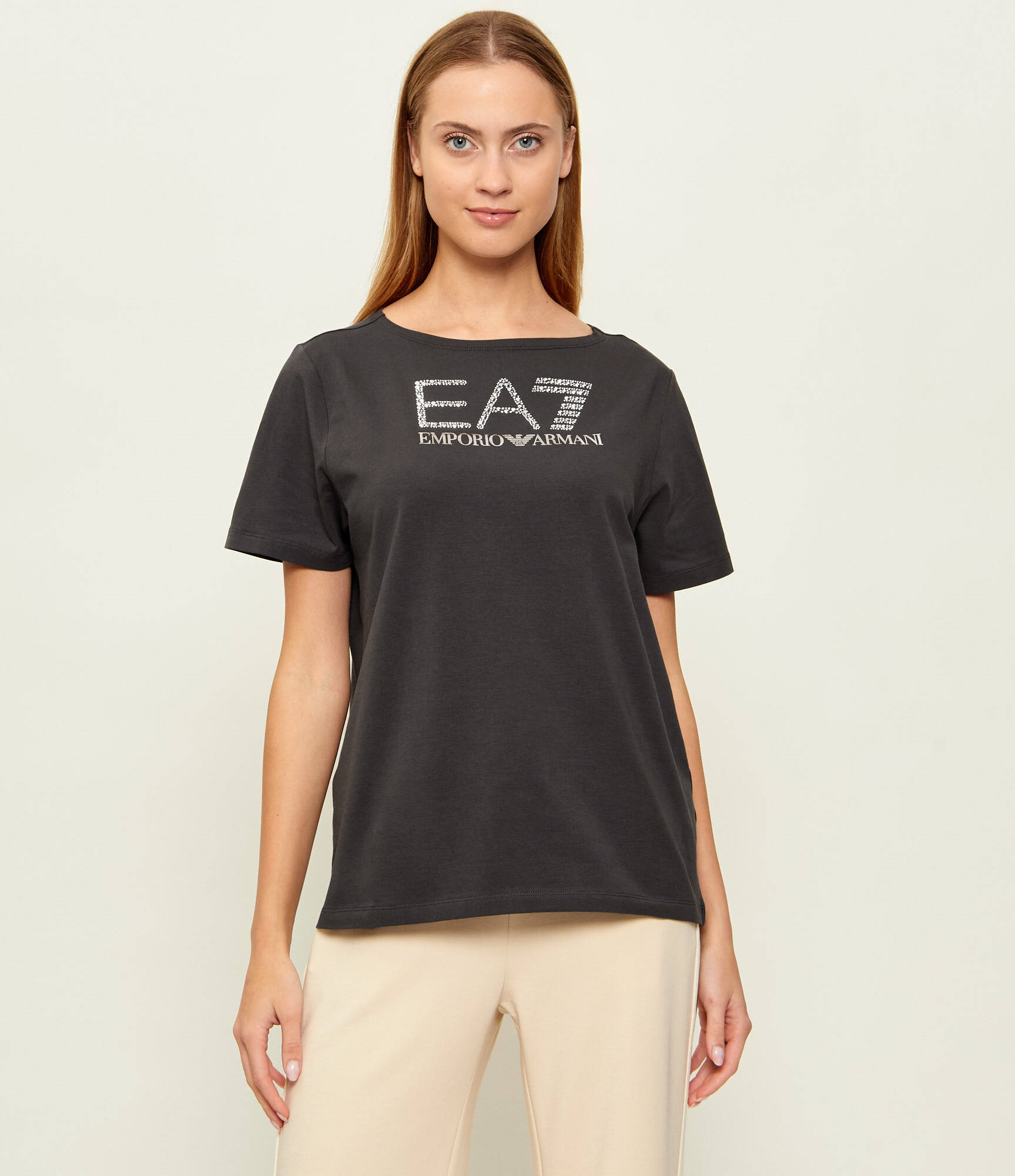 EA7 Ea7 Kadın Göğüste Taş Detaylı Logo Desenli Pamuklu Yuvarlak Yakalı Kısa Kollu Gri T-Shirt 7W001098 AF14880-U8111