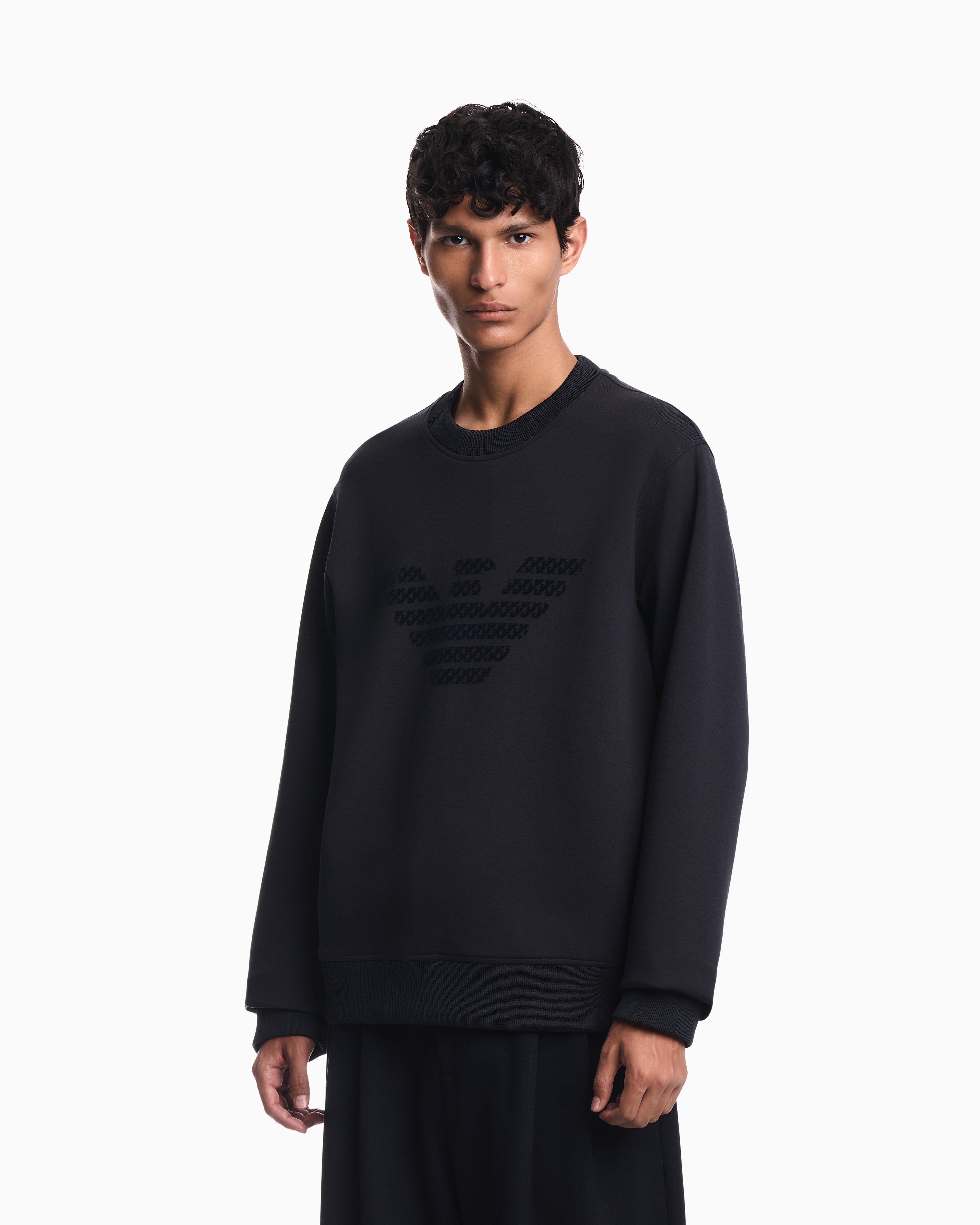 Emporio Armani Emporıo Armani Erkek Büyük Kadife Logo Detaylı Pamuklu Çift Jarse Kumaşlı Uzun Kollu Siyah1 Sweatshirt EM006841 AF10013-MB845