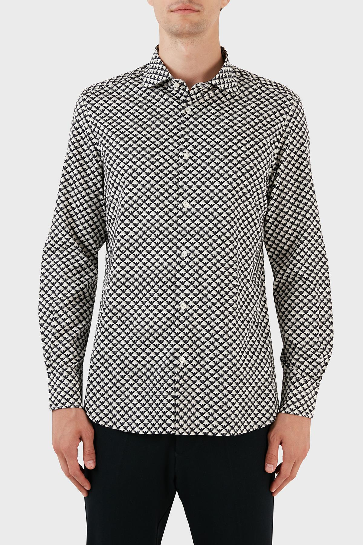 Emporio Armani Emporıo Armani Erkek Marka Logolu Düğmeli Gömlek Yaka Uzun Kollu Siyah-Beyaz Gömlek 6R1C86 1NMVZ-F1D6