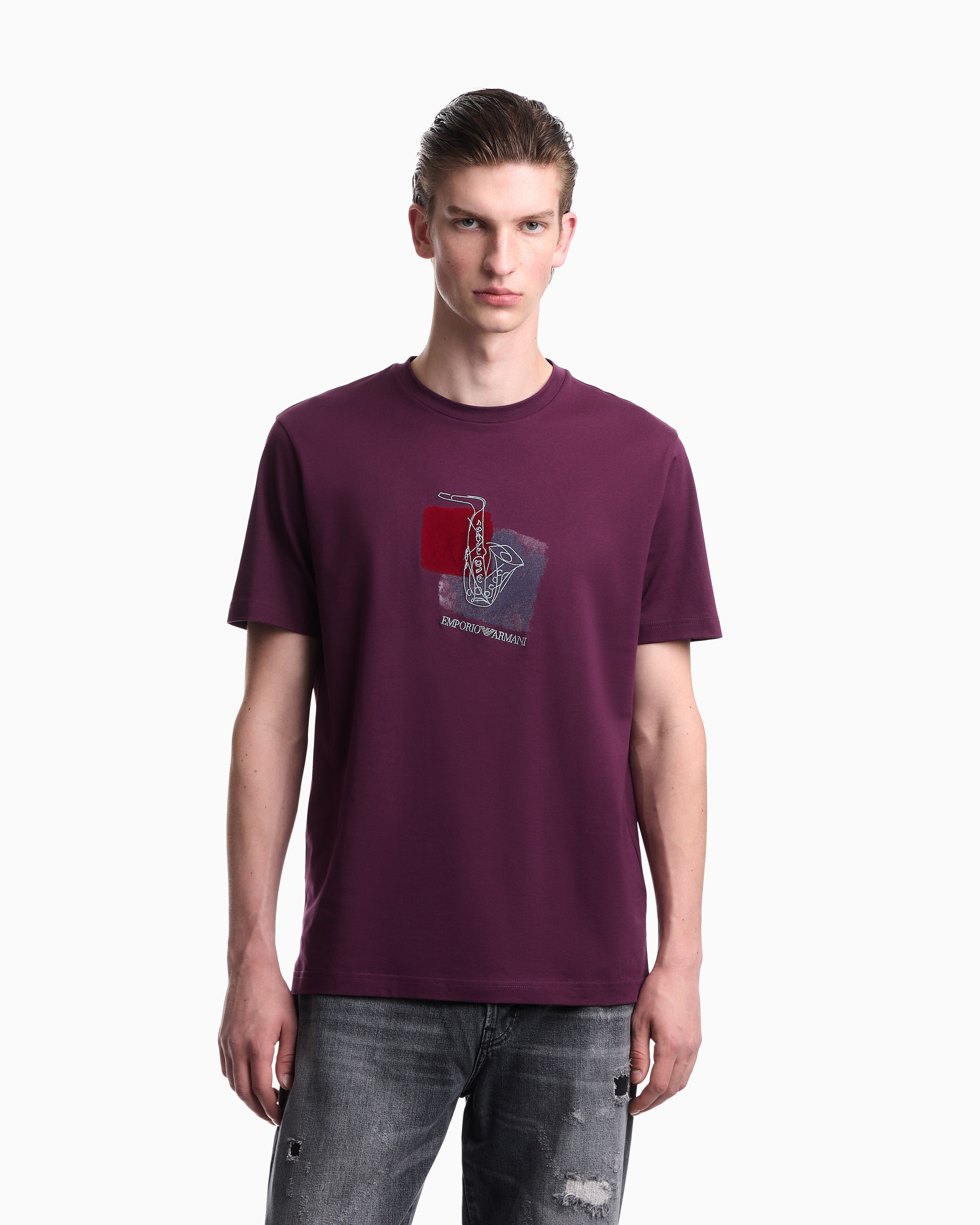 Emporio Armani Emporıo Armani Erkek Nefes Alabilen Pamuklu Jarse Kumaş Desenli Kısa Kollu Mor T-Shirt EM006924 AF14795-FA022