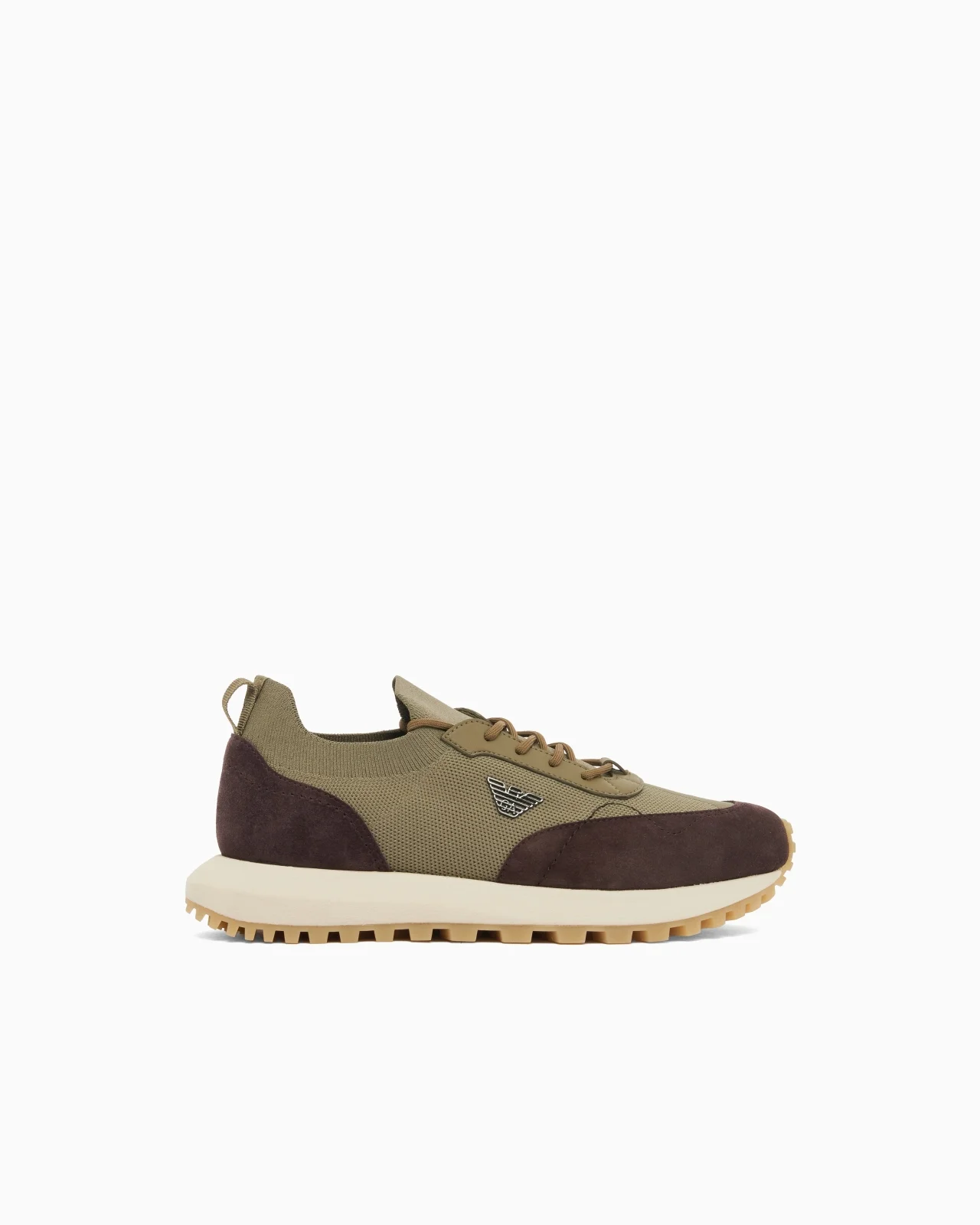 Emporio Armani Emporıo Armani Erkek Örme ve Süet Detaylı Burunlu Kartal Logolu Yuvarlak Haki Sneaker EM003739 AF19724-MZ783