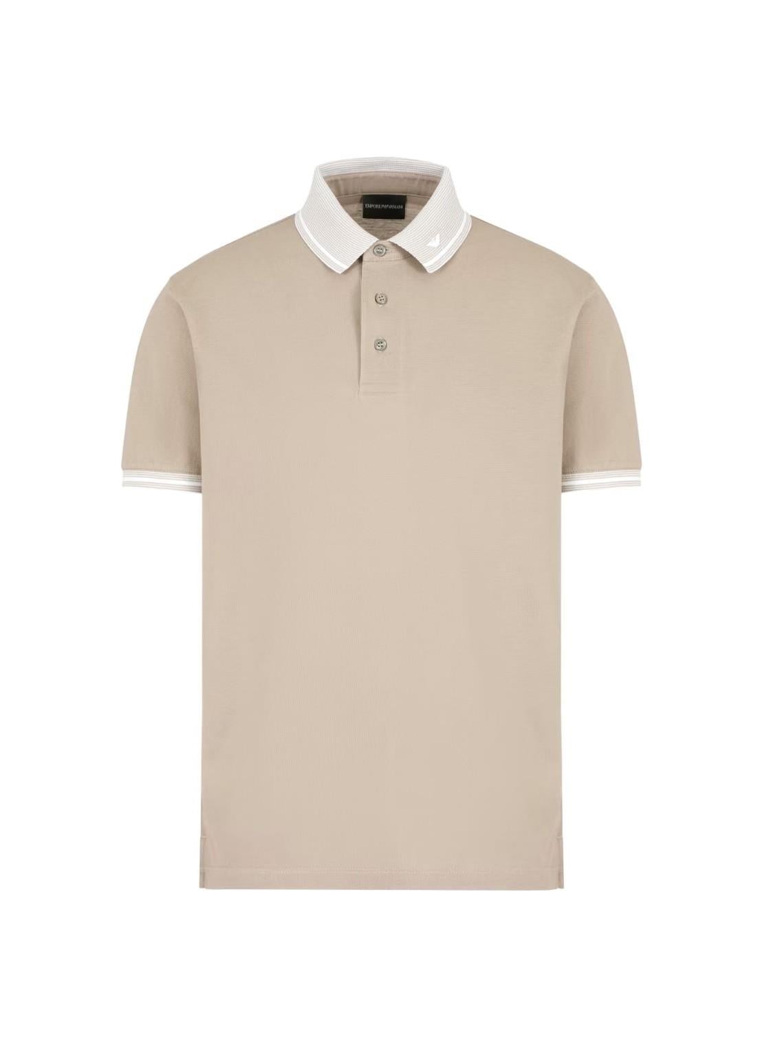 EMPORIO ARMANI Emporıo Armani Erkek Polo Yaka Kısa Kollu Düğmeli Yaka ve Kol Uçları Şerit Detaylı Bej Polo Yaka T-Shirt EM000852 AF12955-F6055