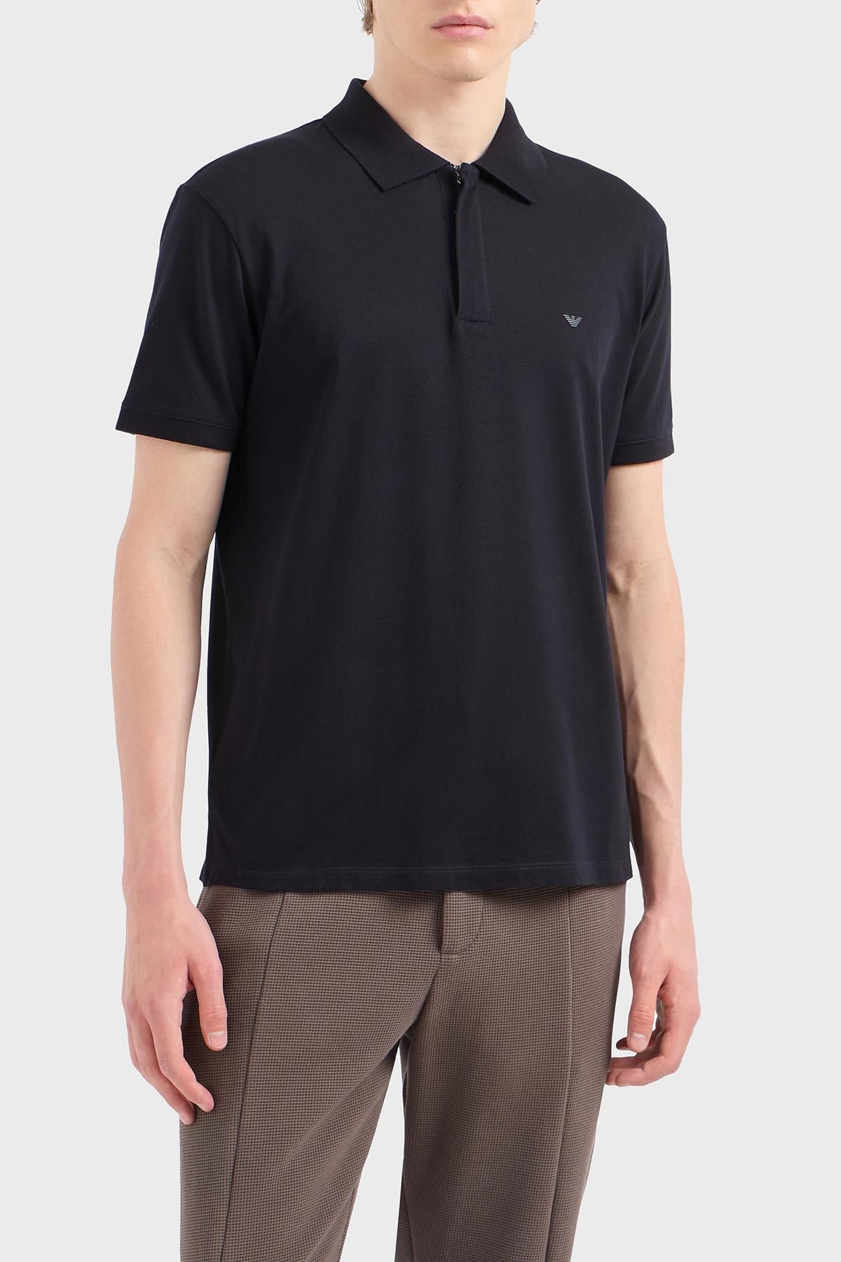 EMPORIO ARMANI Emporıo Armani Erkek Polo Yaka Normal Kesim Saf Pamuklu Kısa Kollu Lacivert Polo Yaka T-Shirt EM001146 AF13742-UB118
