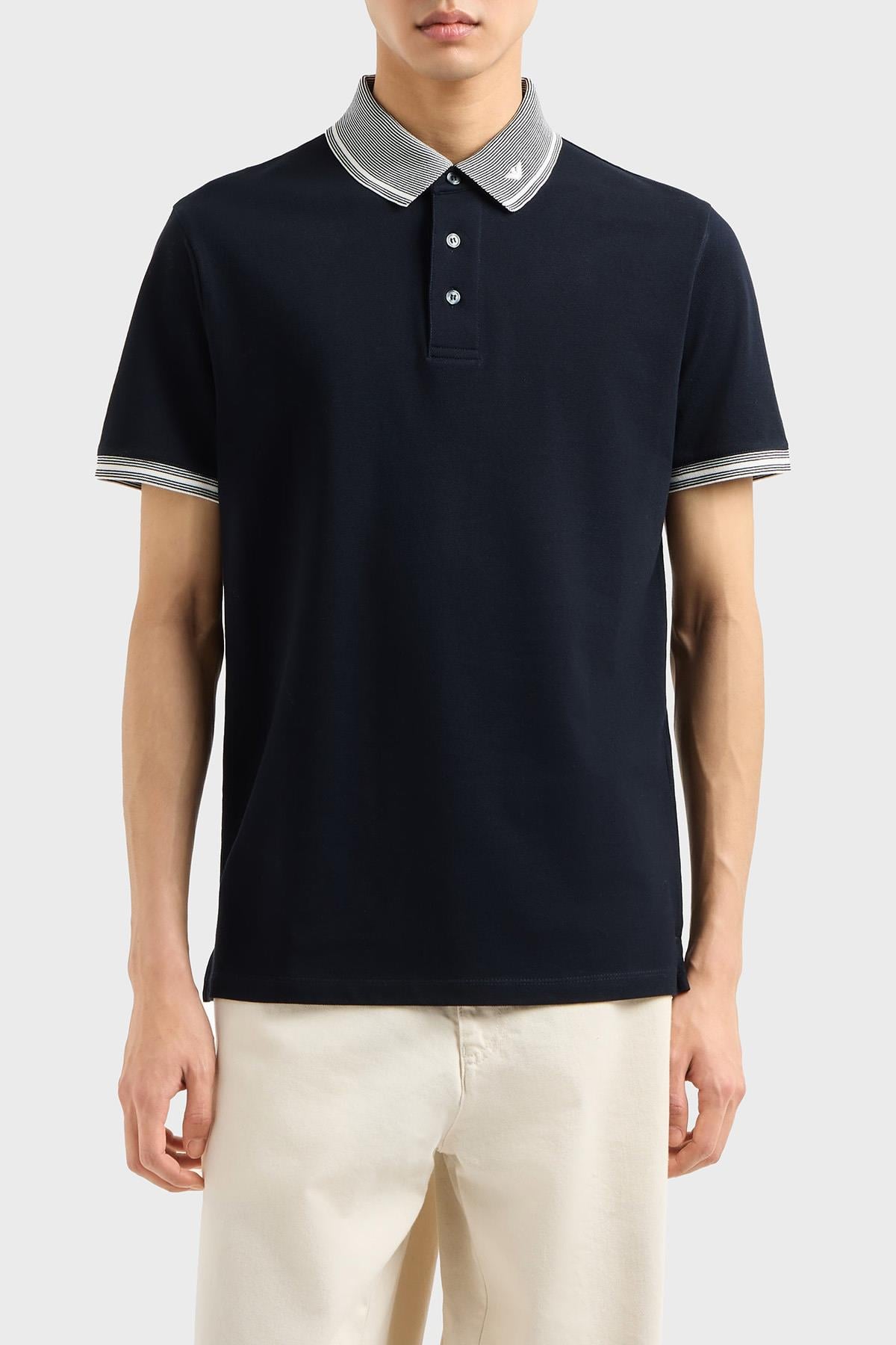 EMPORIO ARMANI Emporıo Armani Erkek Polo Yaka Kısa Kollu Düğmeli Yaka ve Kol Uçları Şerit Detaylı Lacivert Polo Yaka T-Shirt EM000852 AF12955-FB273