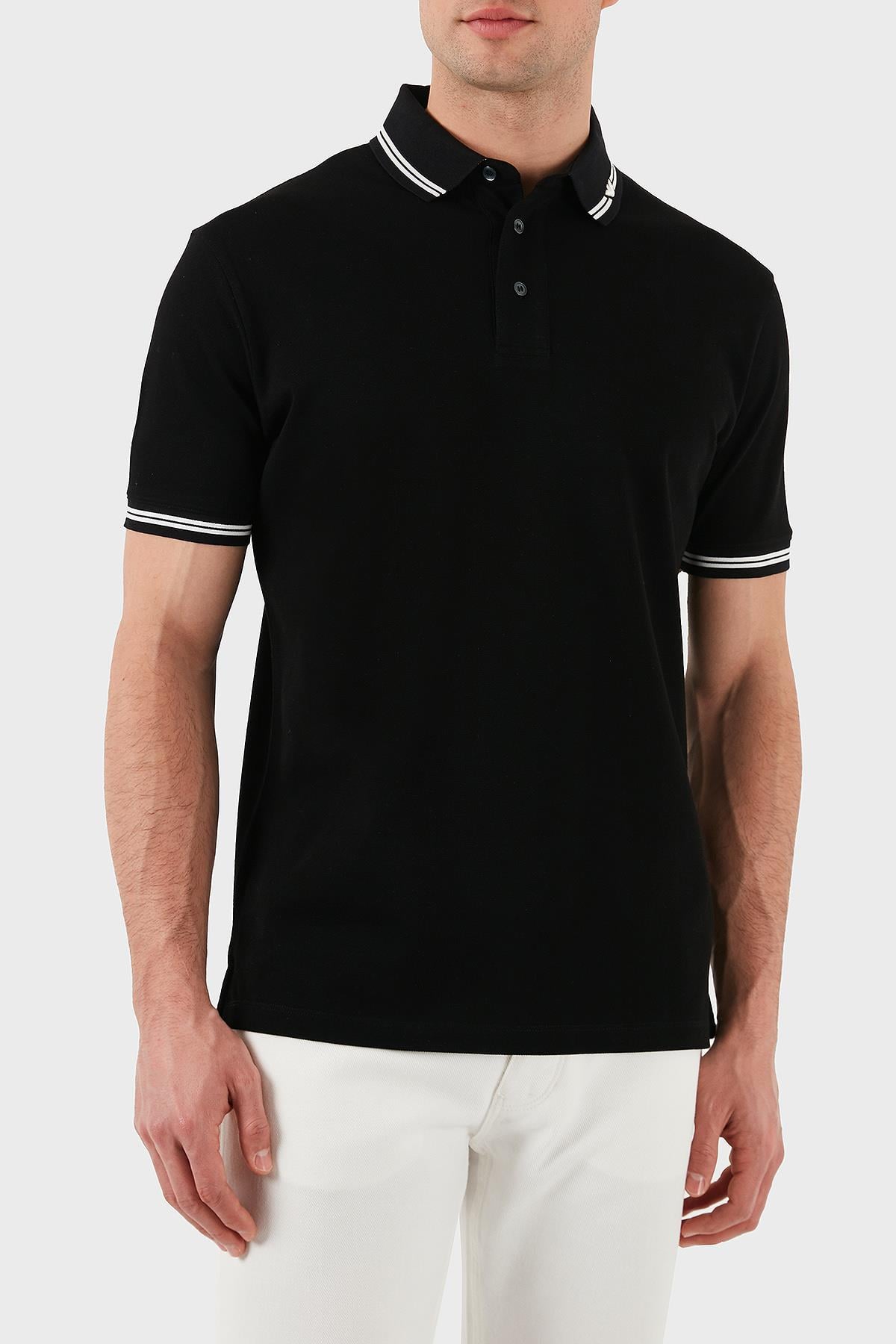 EMPORIO ARMANI Emporıo Armani Erkek Polo Yaka Kısa Kollu Düğmeli Yaka ve Kol Uçları Şerit Detaylı Siyah3 Polo Yaka T-Shirt EM000852 AF12955-FC188