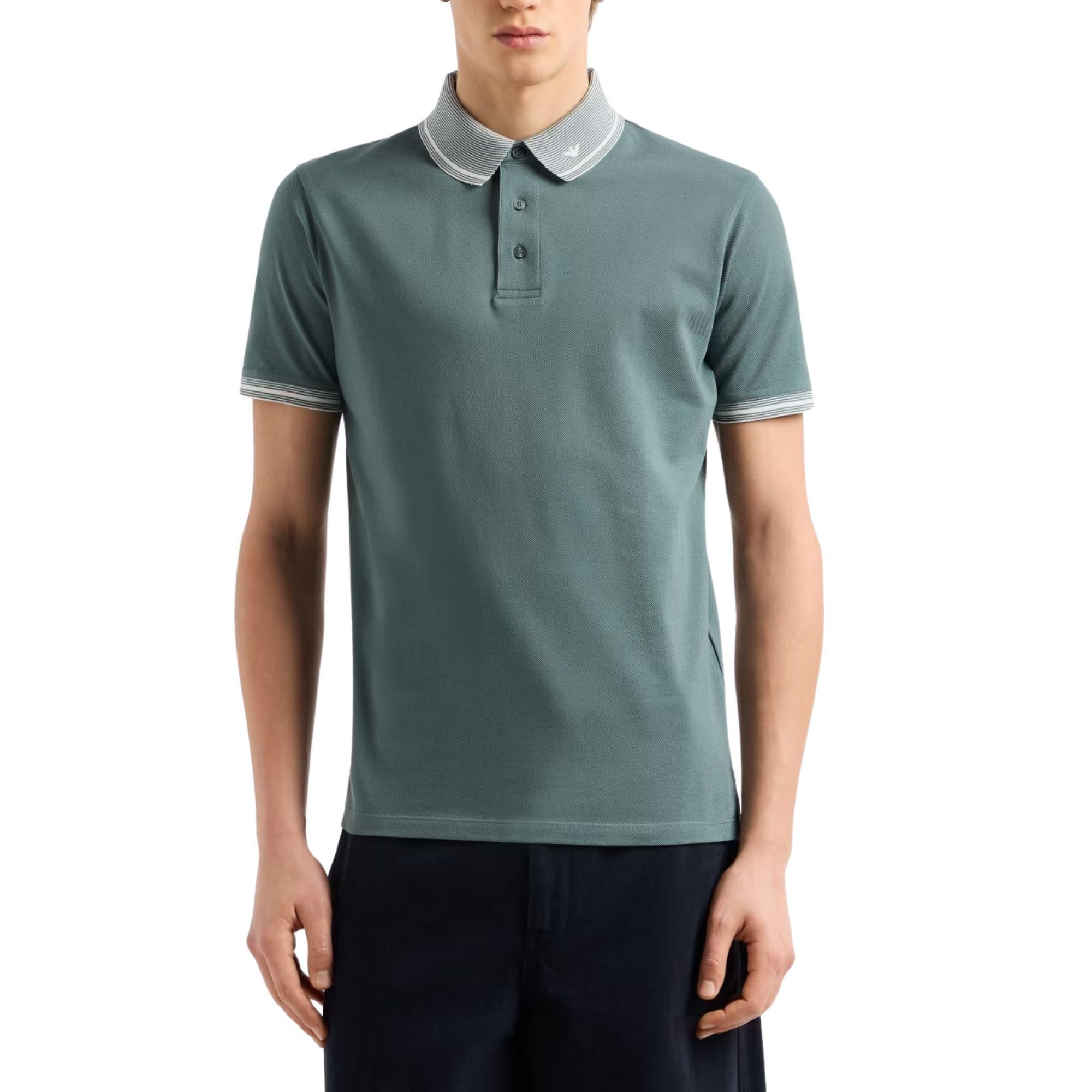 EMPORIO ARMANI Emporıo Armani Erkek Polo Yaka Kısa Kollu Düğmeli Yaka ve Kol Uçları Şerit Detaylı Yeşil Polo Yaka T-Shirt EM000852 AF12955-F9047