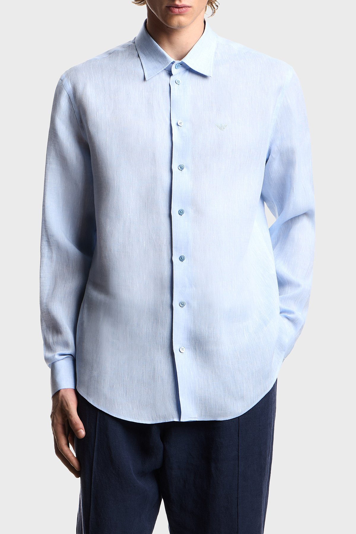 Emporio Armani Emporıo Armani Erkek Regular Fit %100 Keten Kartal Logolu Uzun Kollu Mavi Gömlek EM000099 TE10157-O9002