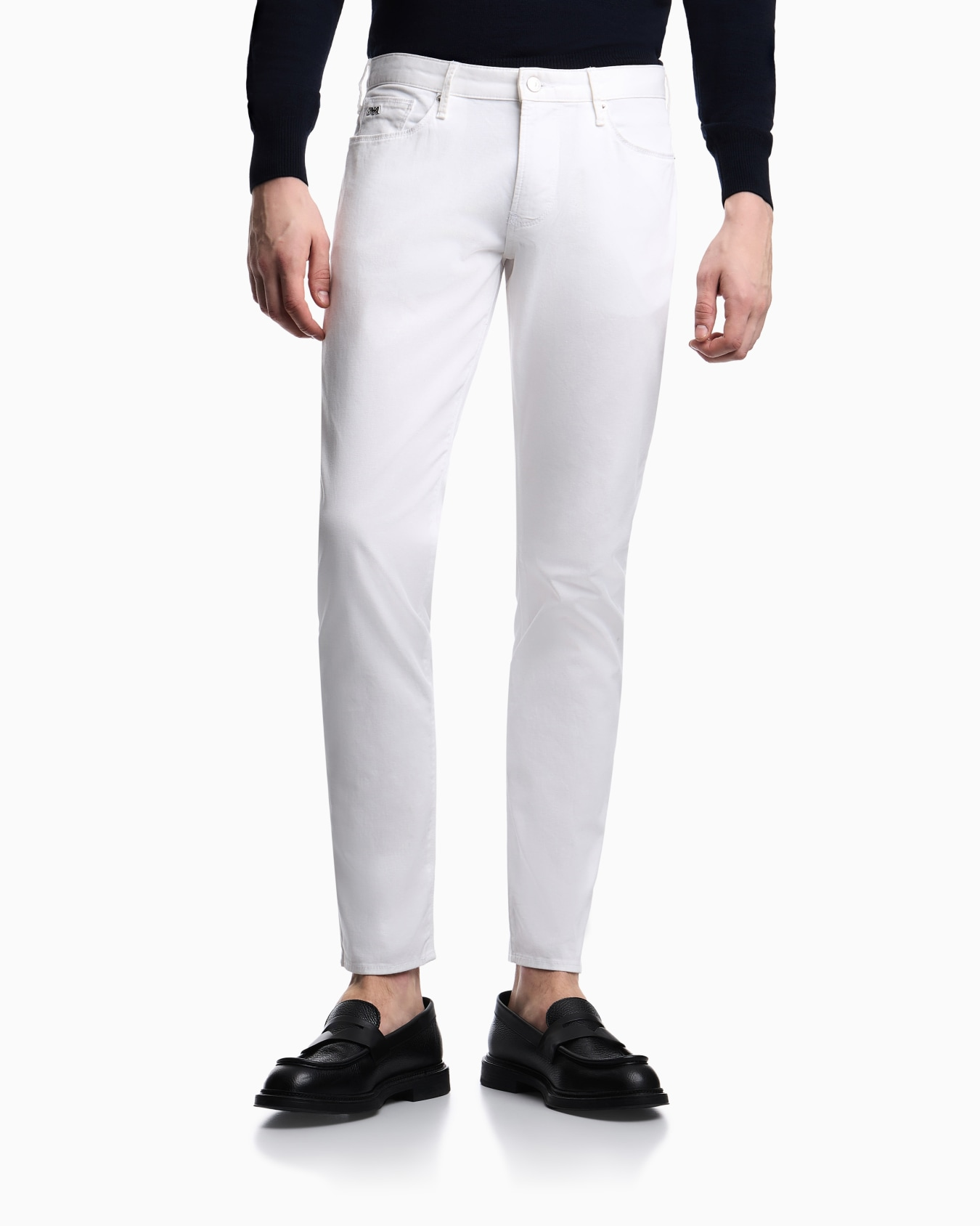 Emporio Armani Emporıo Armani Erkek Slim Fit Pamuklu Dar Paça Deri Logo Etiketli Beyaz Jeans EM000121 AF22611-U0003