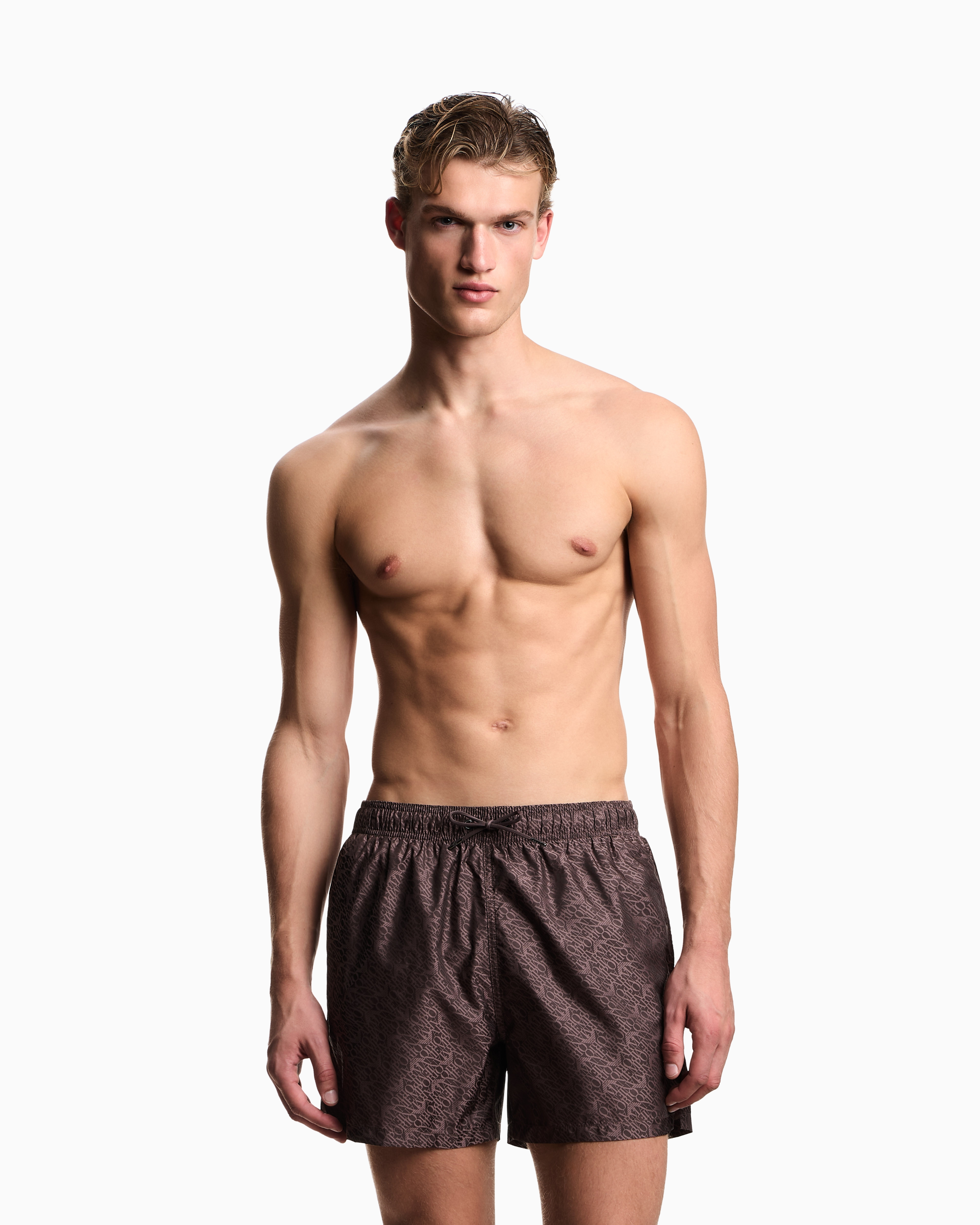 Emporio Armani Emporıo Body Erkek Hızlı Kuruyan Logo Desenli Kumaş Lastikli ve İp Bağlamalı Bel Normal Kalıp Kahverengi Mayo EM000583 AF20448-F8039
