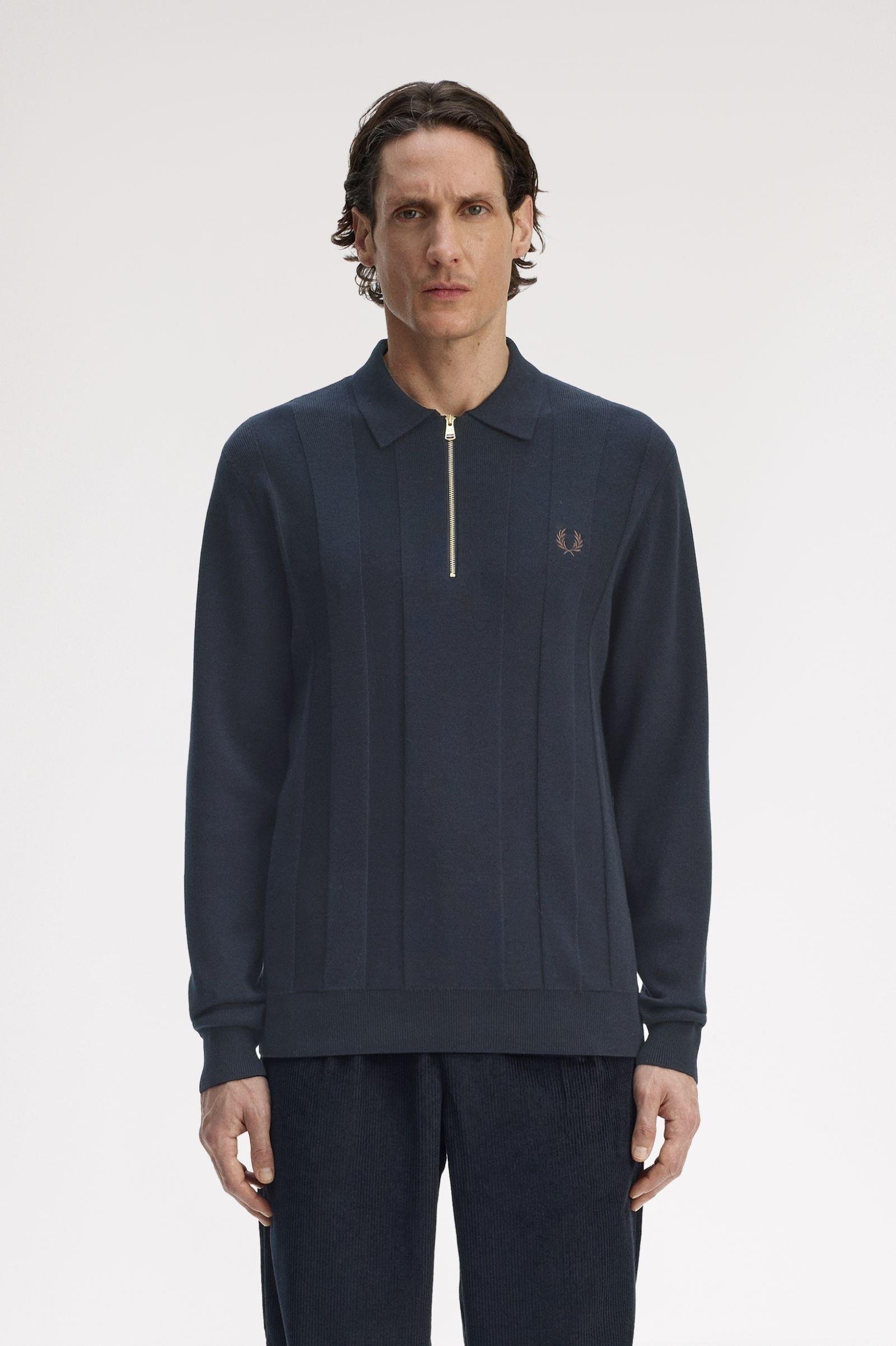 Fred Perry Fred Perry Erkek Fermuar Kapama Uzun Kol Regular Fit Lacivert Polo Yaka T-Shirt K1555-608