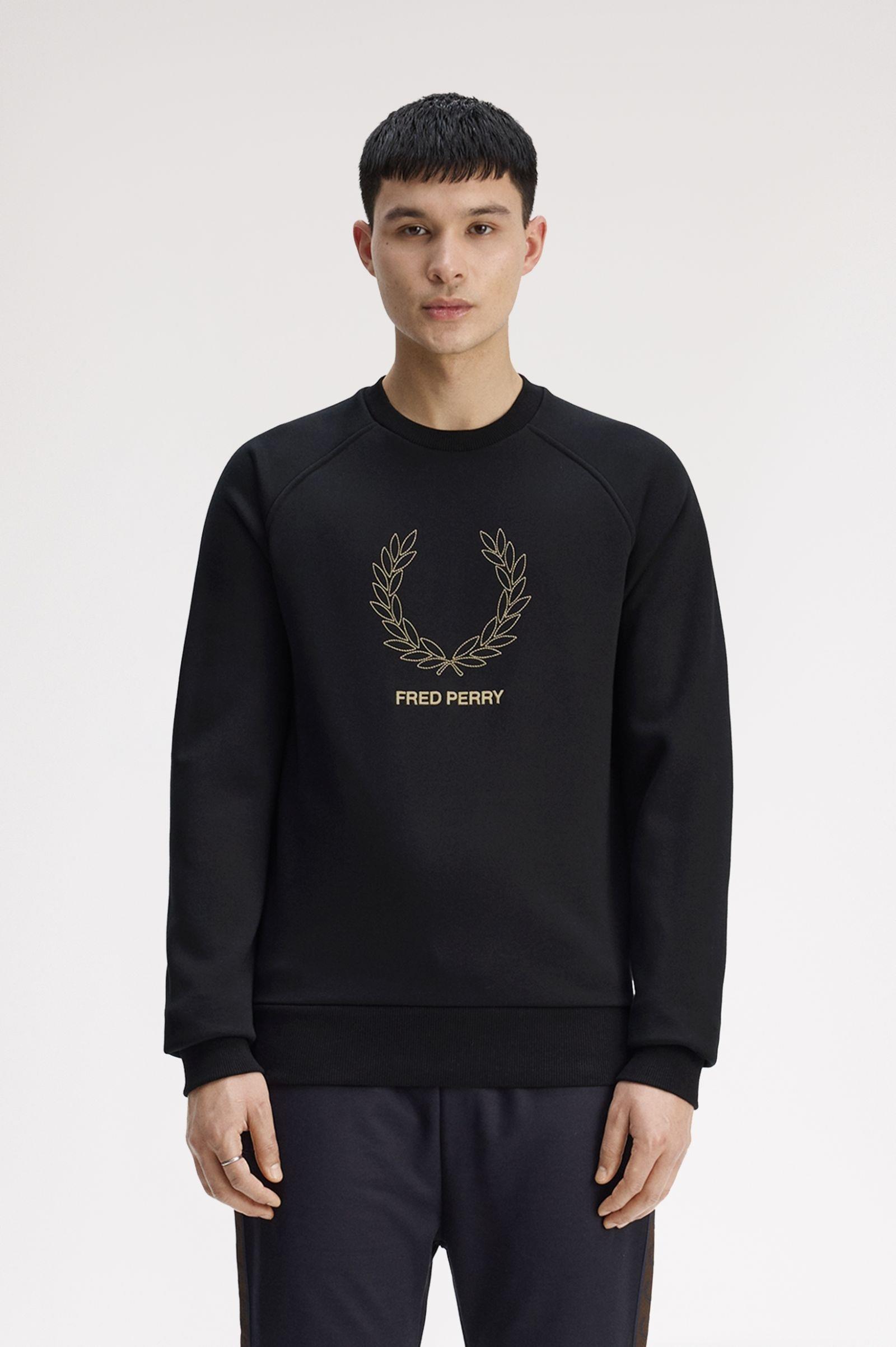 Fred Perry Fred Perry Erkek Kalın Jarse Pamuklu Logo İşlemeli Yuvarlak Yakalı Uzun Kollu Siyah Sweatshirt M1769-102