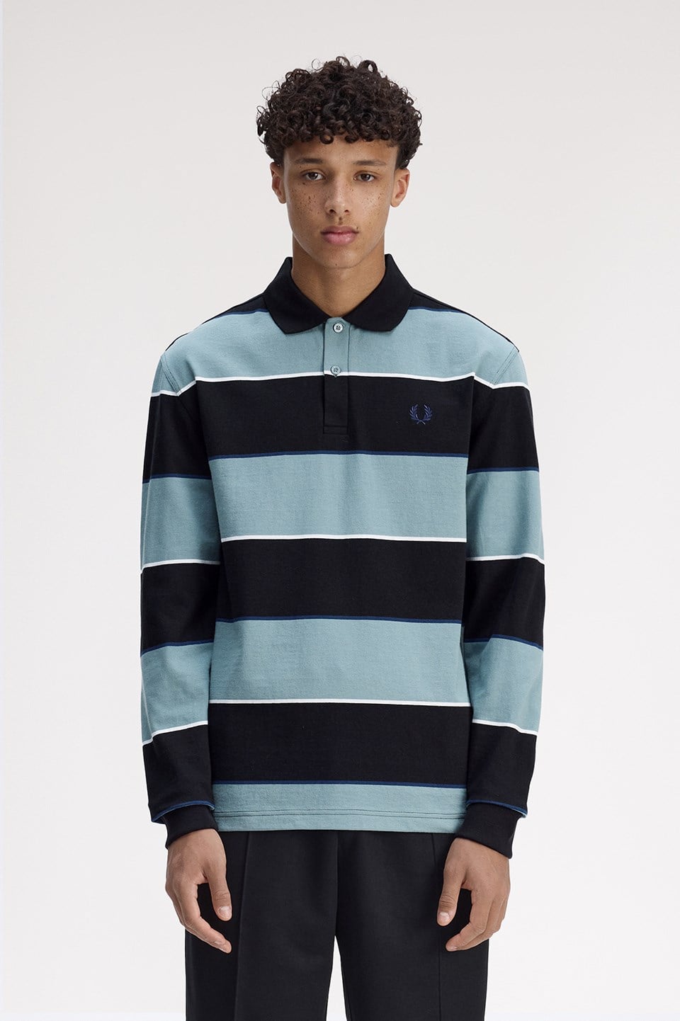 Fred Perry Fred Perry Erkek Kalın Pamuklu Jarse Kumaş Yatay Çizgi Desenli Uzun Kollu Lacivert Polo Yaka T-Shirt M1728-795
