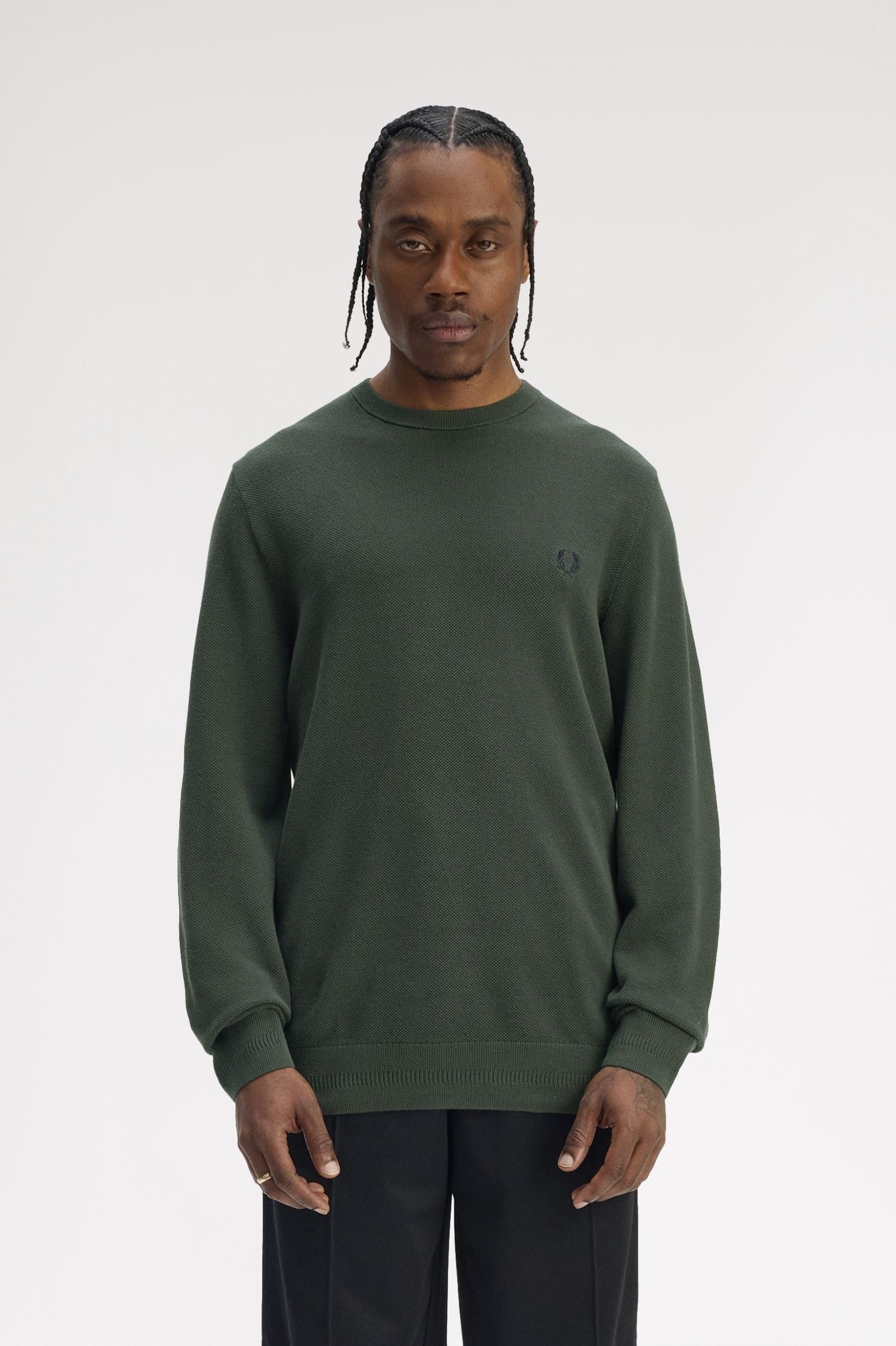 Fred Perry Fred Perry Erkek Logo İşlemeli Normal Kalıp Yuvarlak Yakalı %100 Pamuklu Uzun Kollu Yeşil Kazak K1309-X89