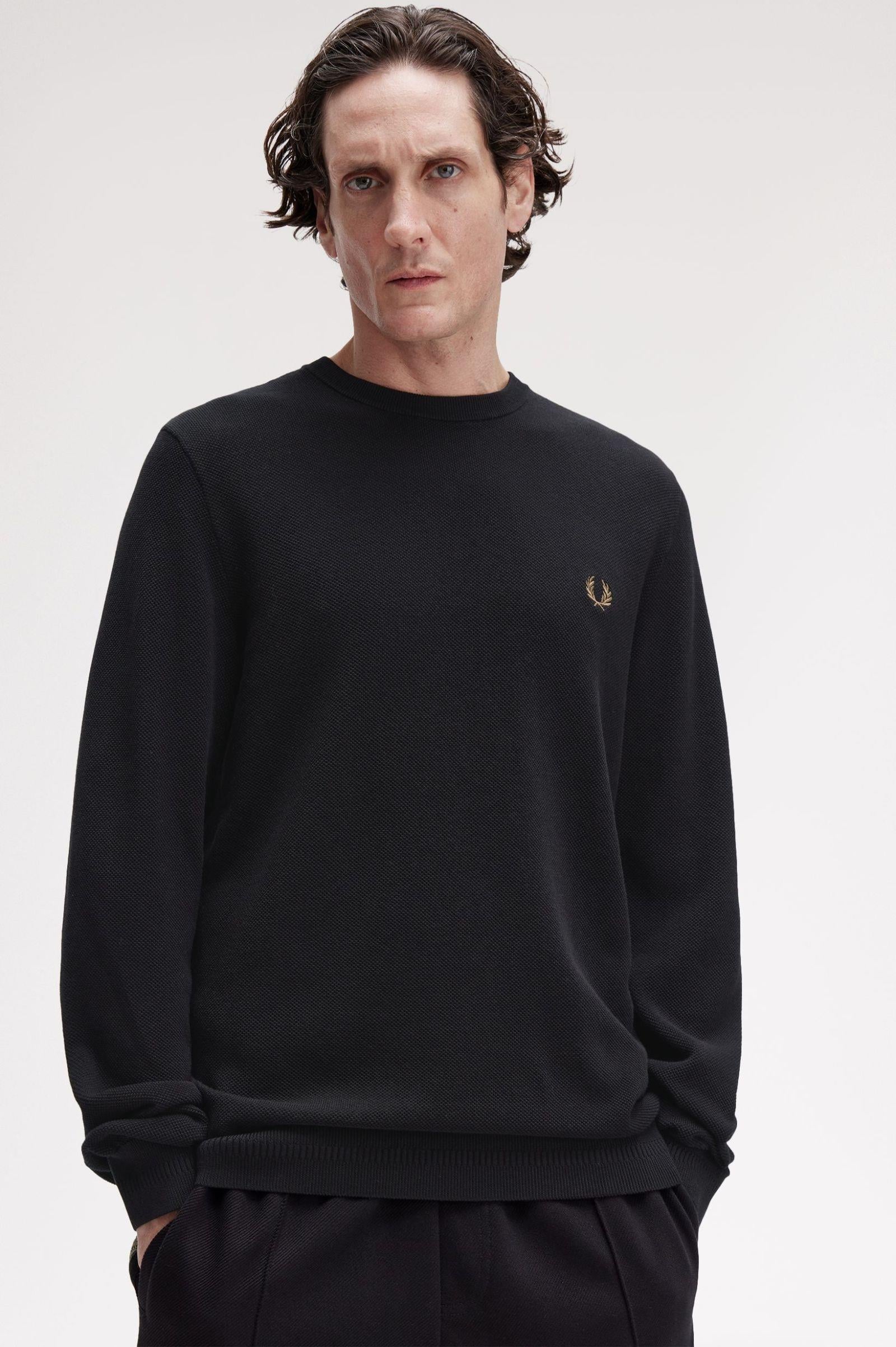 Fred Perry Fred Perry Erkek Logo İşlemeli Normal Kalıp Yuvarlak Yakalı %100 Pamuklu Uzun Kollu Siyah Sweatshirt K1309-102
