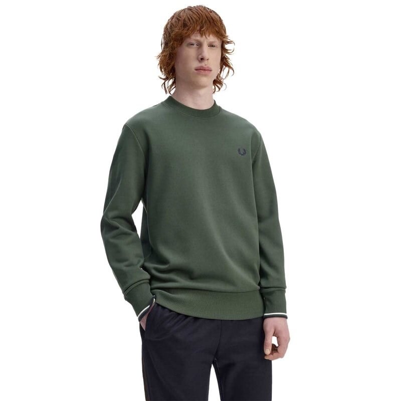 Fred Perry Fred Perry Erkek Normal Kalıp Yuvarlak Yakalı Logo İşlemeli Pamuk Karışımlı Uzun Kollu Yeşil Kazak M7535-53A