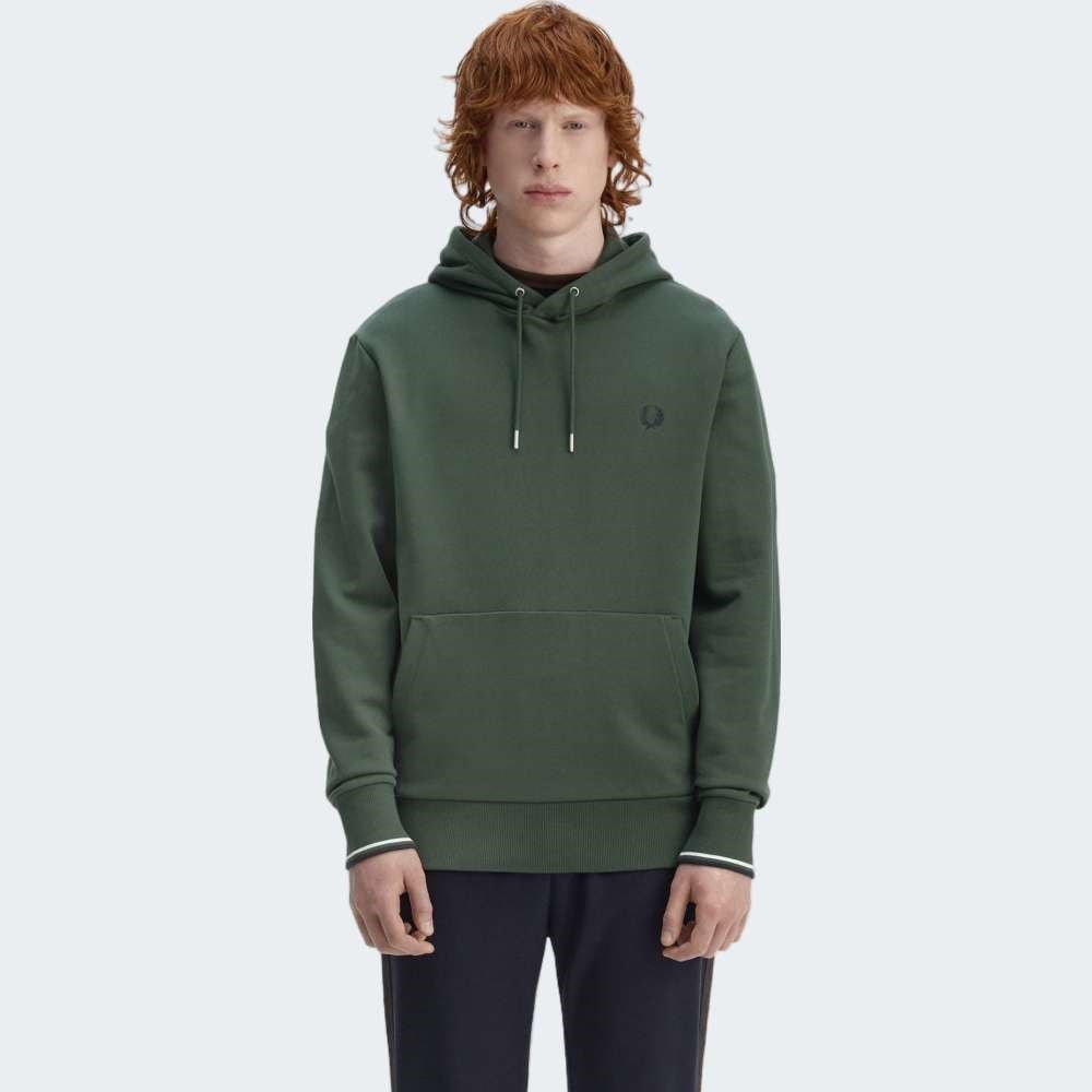 Fred Perry Fred Perry Erkek Normal Kalıp Logo İşlemeli Kapüşonlu %100 Pamuklu Uzun Kollu Yeşil Sweatshirt M2643-53A