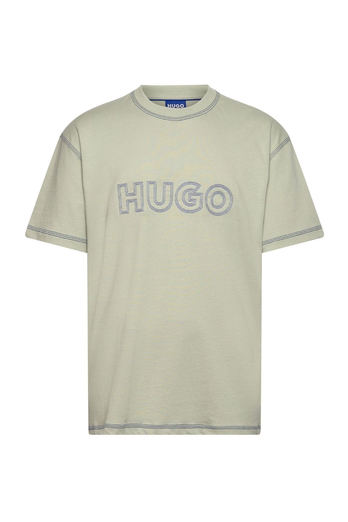 HUGO HUGO Erkek İşleme Marka Logolu Bisiklet Yaka Kısa Kollu Relaxed Fit Ekru T-Shirt 50521686-121