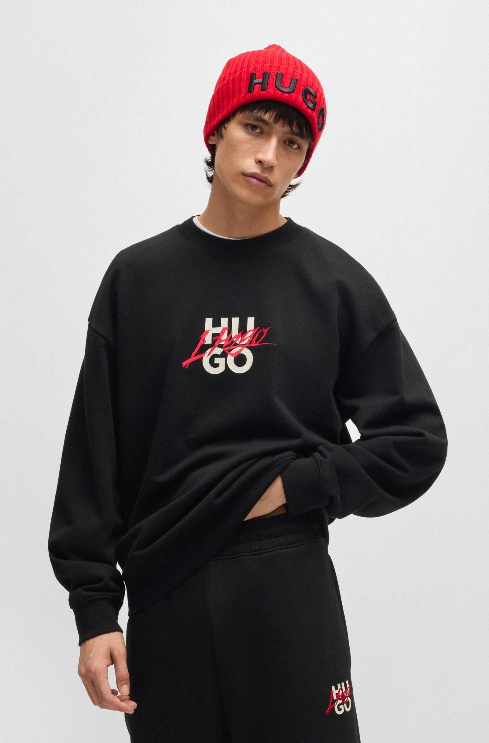 HUGO HUGO Erkek Pamuklu Uzun Kollu Çift Logolu Siyah Sweatshirt 50521081-001