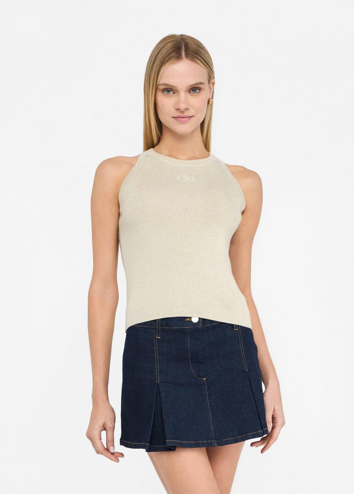 LIU JO Lıu Jo Kadın Slim Fit Yuvarlak Yakalı Kolsuz Örme Bej Bluz UF5277MA76Q-04120