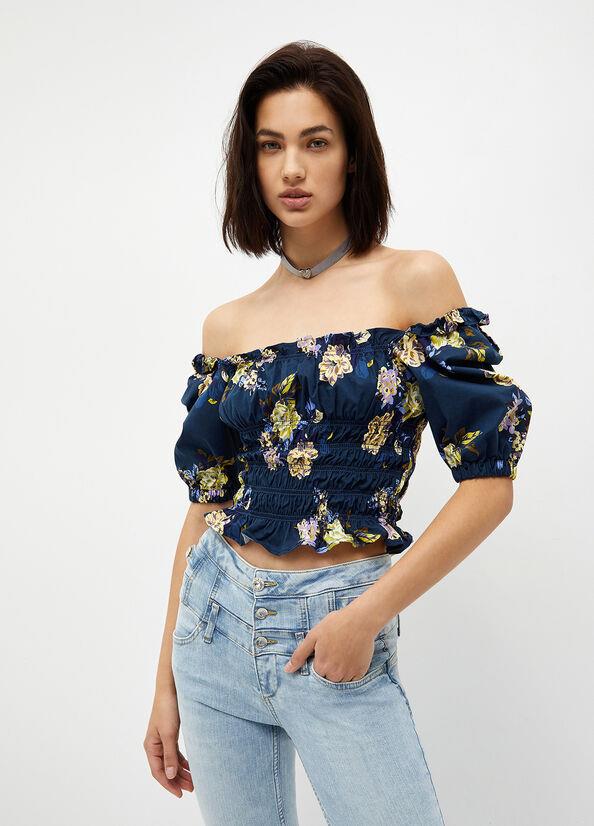 Liu Jo Lıu Jo Kadın Straplez Yaka Kısa Kollu Çiçekli Lacivert Bluz UA3156D4809-78413