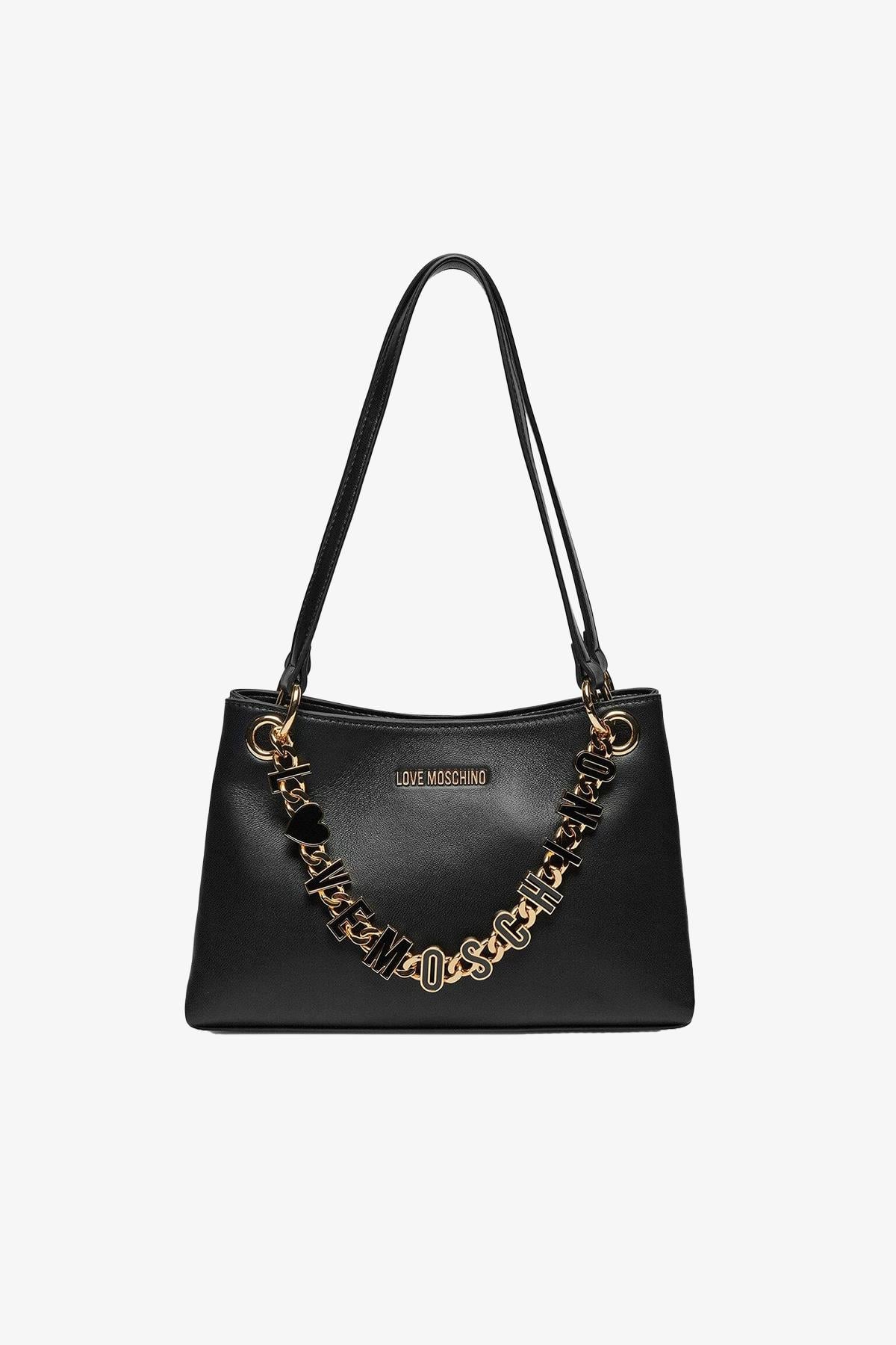 Love Moschino Love Moschino Kadın Marka Yazısı İle Süslü Zincir Detayı Deri İki Bölmeli Siyah Omuz Çantası JC4073PP1ML13-00A