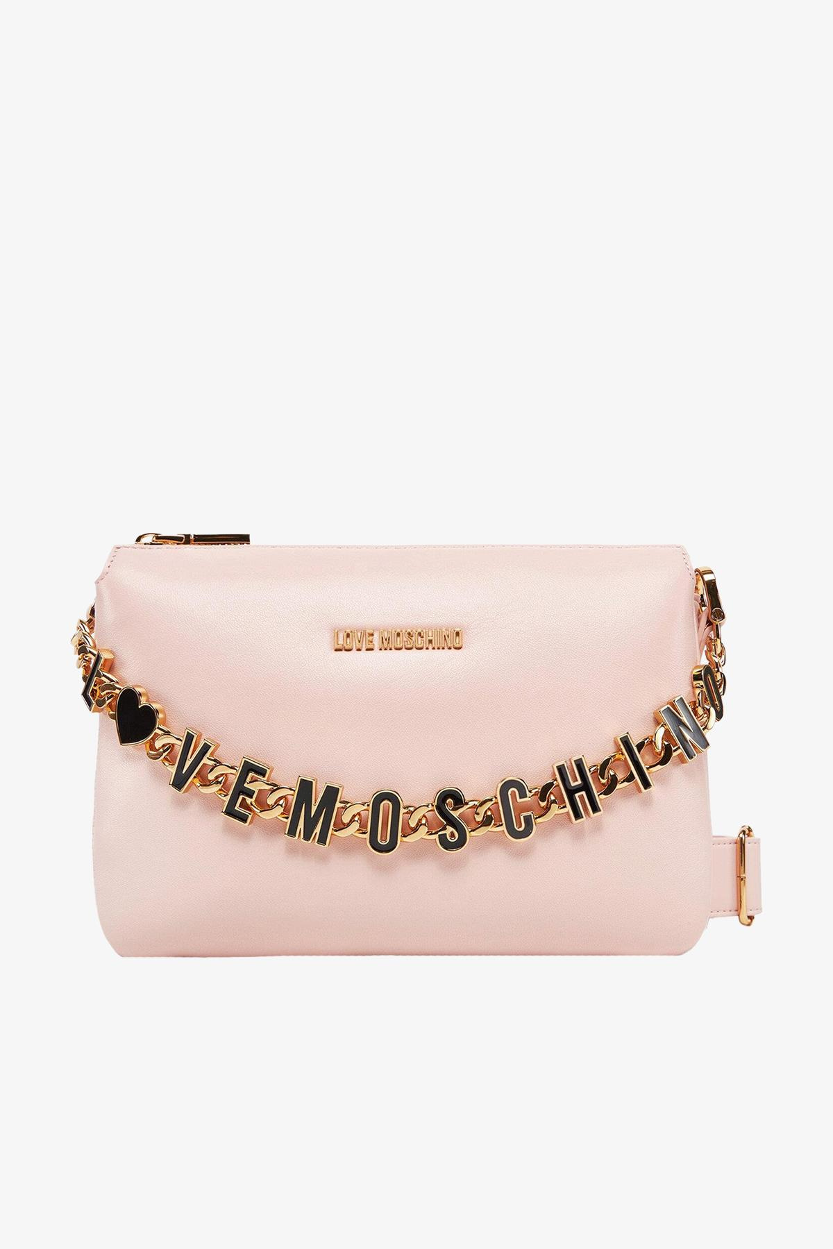 Love Moschino Love Moschino Kadın Marka Yazısı İle Süslü Zincir Detayı Deri İki Bölmeli Pembe Omuz Çantası JC4072PP1ML13-60A