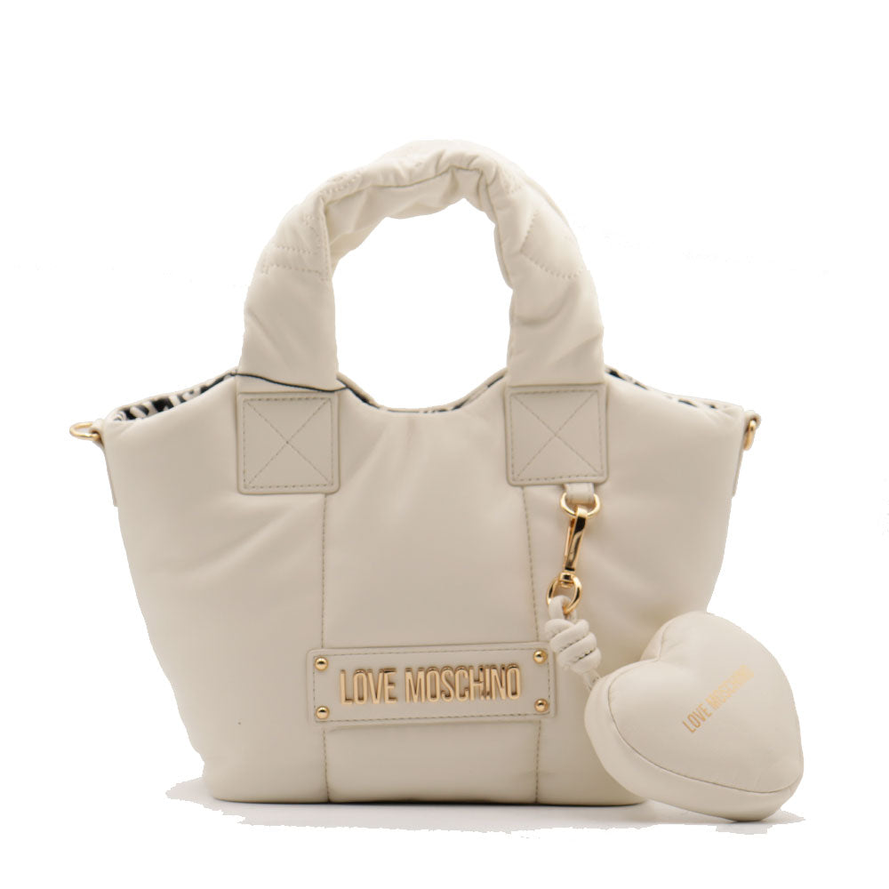 Love Moschino Love Moschino Kadın Örme Dokuma Ve Deri Karışık Desen Metal Logo Geniş Ekru Omuz Çantası JC4322PP0NKM1-11A