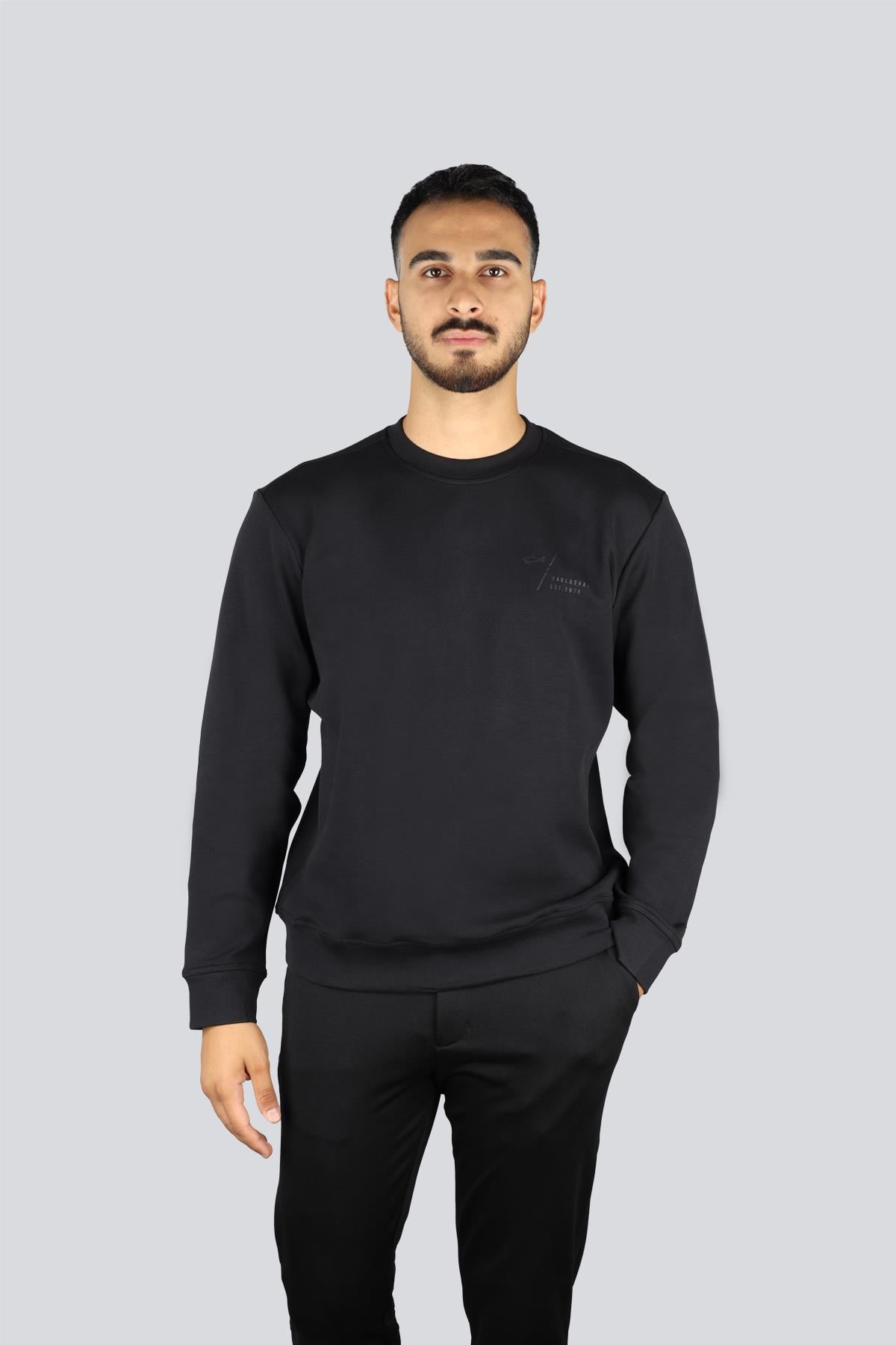 Paul Shark Paul Shark Erkek Normal Kalıp Logo Desenli Yuvarlak Yakalı Pamuklu Uzun Kollu Siyah Sweatshirt 15311861A-011