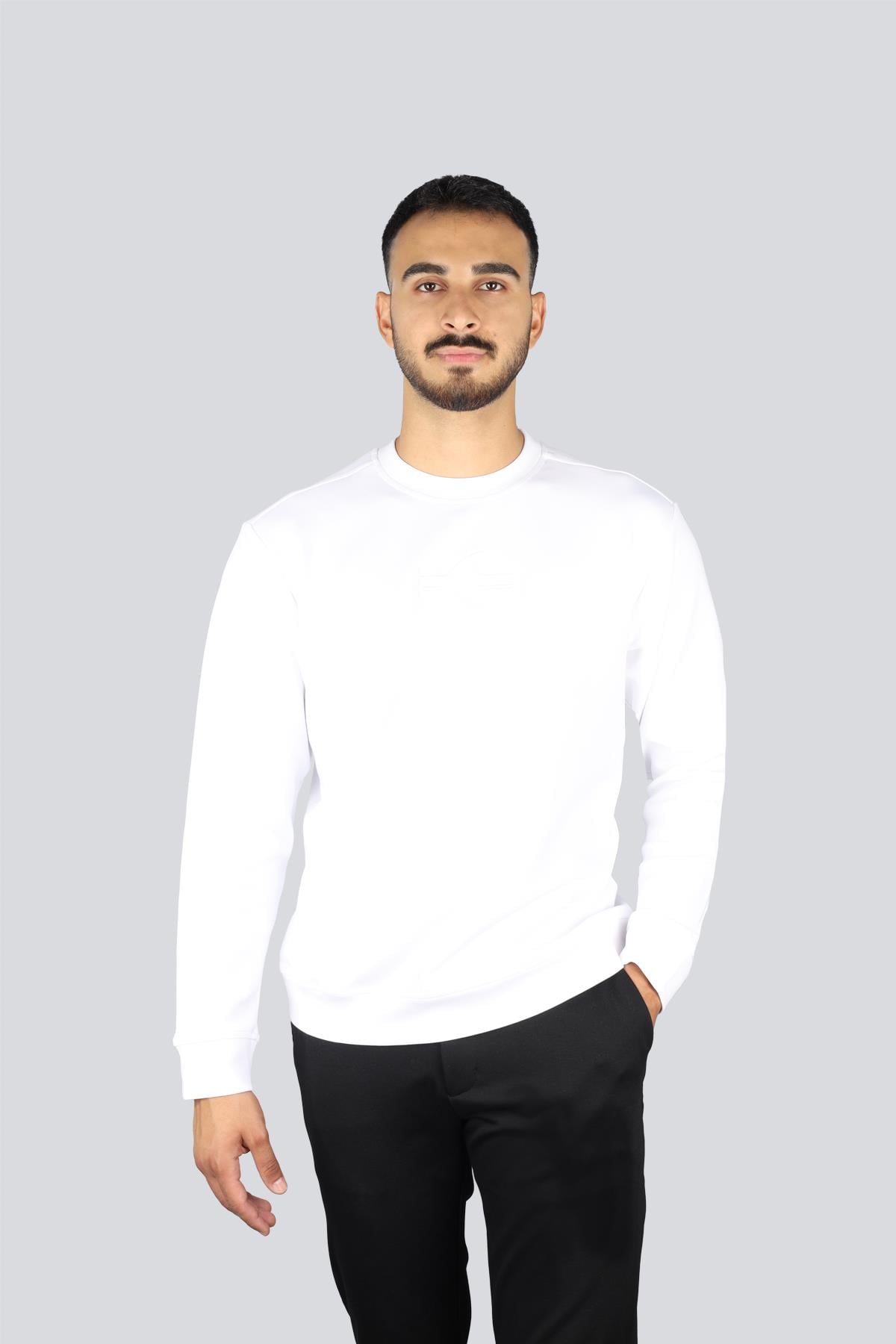 Paul Shark Paul Shark Erkek Normal Kalıp Yuvarlak Yakalı Shark Logo İşlemeli Uzun Kollu Beyaz Sweatshirt 15311865-010