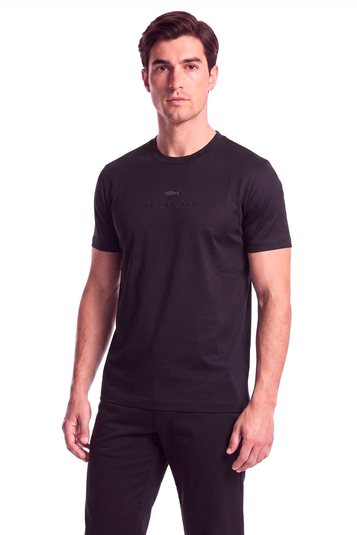 Paul Shark Paul Shark Erkek Normal Kalıp Logo İşlemeli Yuvarlak Yakalı Pamuklu Kısa Kollu Siyah T-Shirt 16311622-011