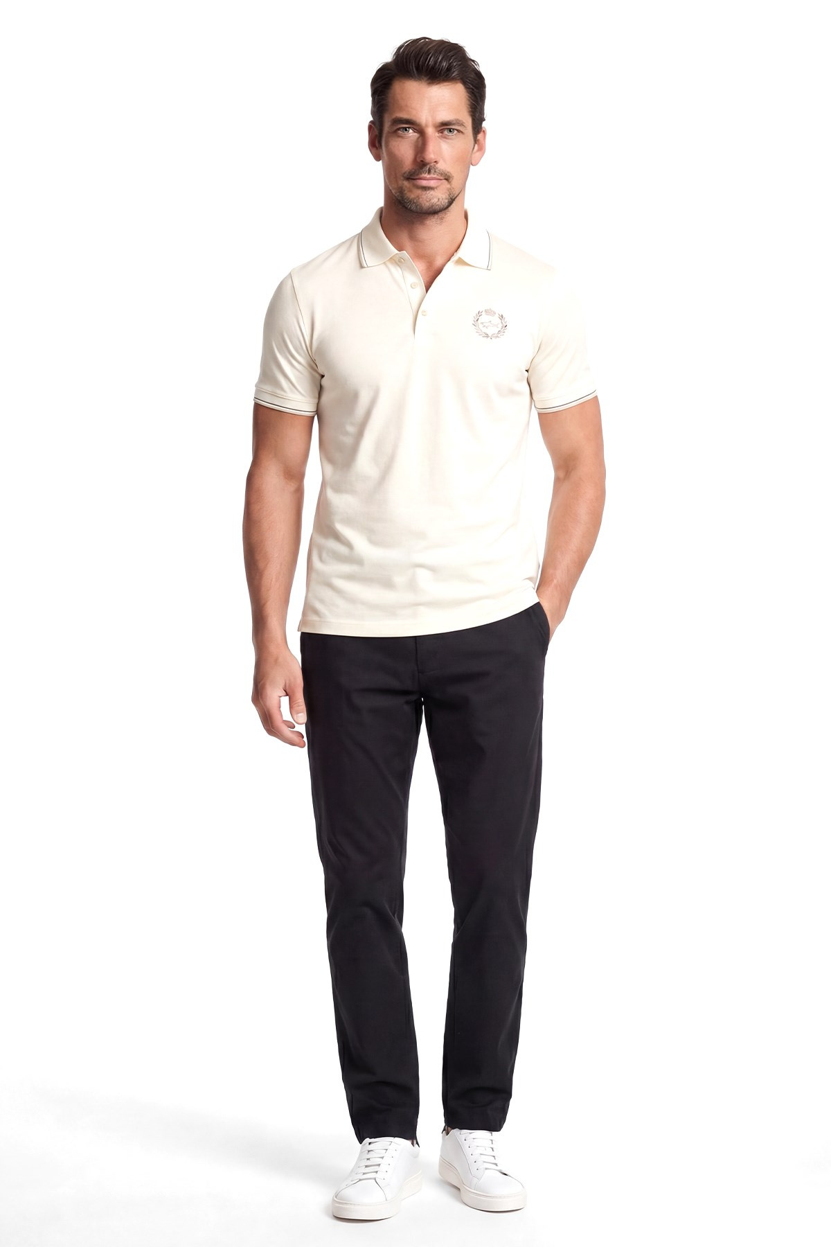 Paul Shark Paul Shark Erkek Regular Fit Logo İşlemeli Pamuklu Kısa Kollu Ekru Polo Yaka T-Shirt 26411270-108