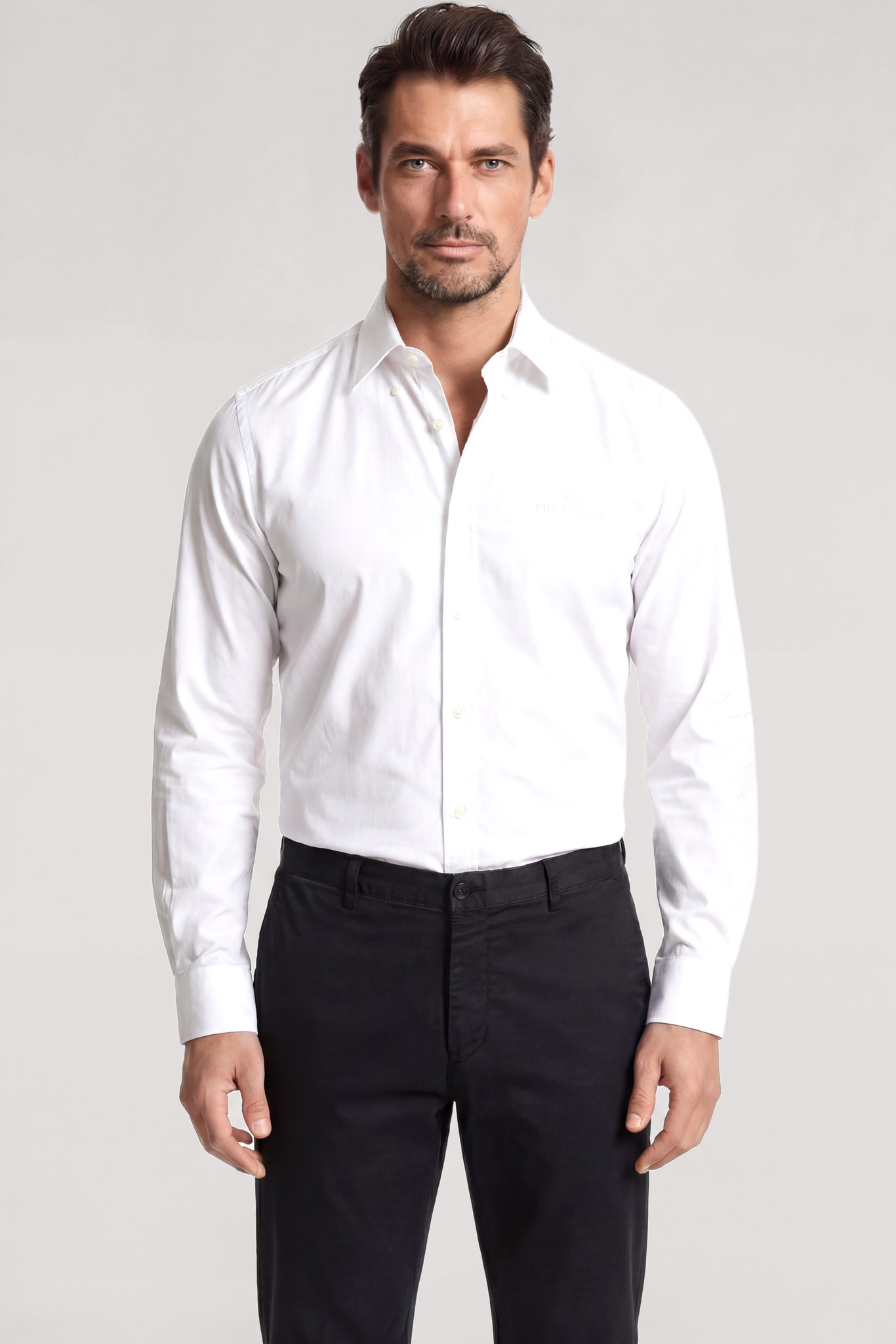 Paul Shark Paul Shark Erkek Slim Fit Logo İşleme Detaylı Pamuklu Uzun Kollu Beyaz Gömlek 26413800-010