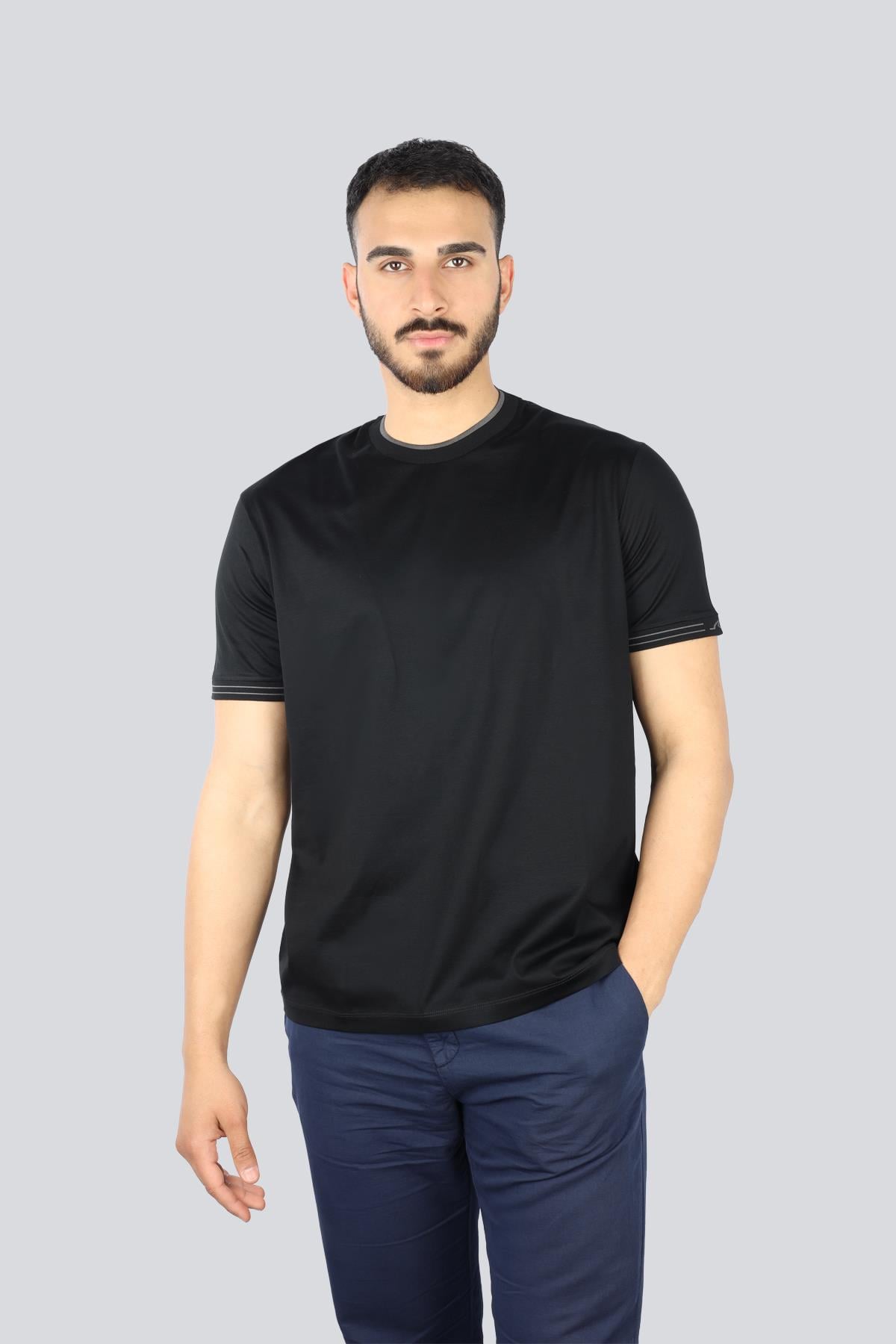 Paul Shark Paul Shark Erkek Yuvarlak Yakalı Kolu Yüzgeç Detaylı Pamuklu Siyah T-Shirt 25411017-11D