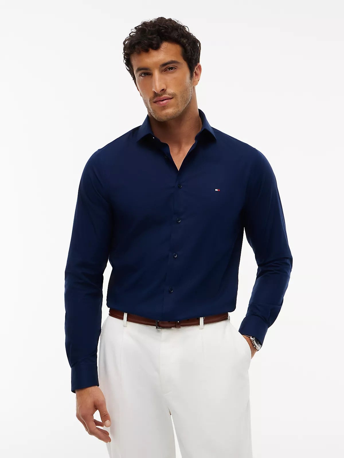 Tommy Hilfiger Tommy Hilfiger Erkek Dar Kesim Organik Pamuklu Logo Detaylı Uzun Kollu Lacivert Gömlek MW0MW43122-DCC