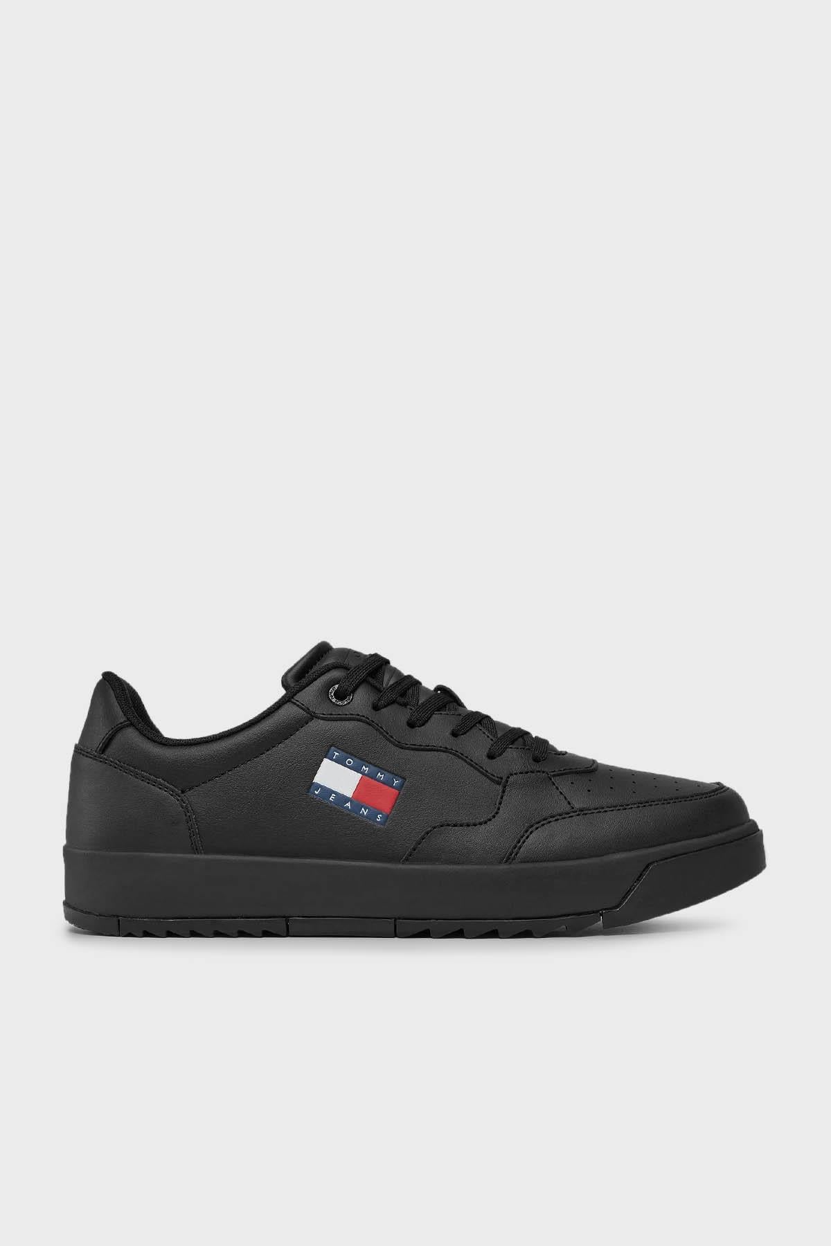 TOMMY HILFIGER Tommy Hilfiger Erkek Deri Marka Logolu Rahat Taban Normal Kalıp Siyah Sneaker EM0EM01397-BDS