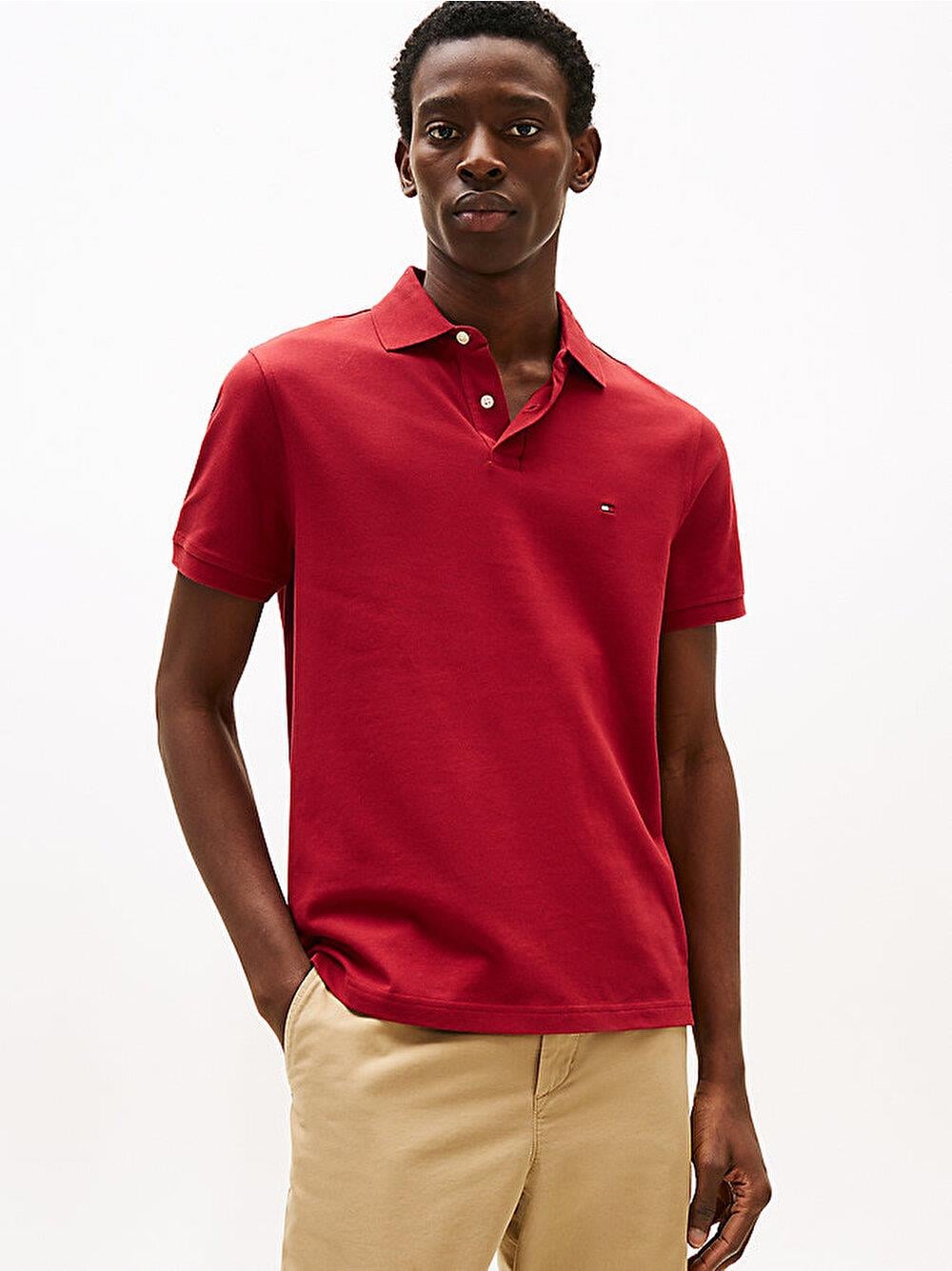 TOMMY HILFIGER Tommy Hilfiger Erkek Dokuma Polo Yaka Kısa Kol Günlük Kırmızı Polo Yaka T-Shirt MW0MW17770-XIT