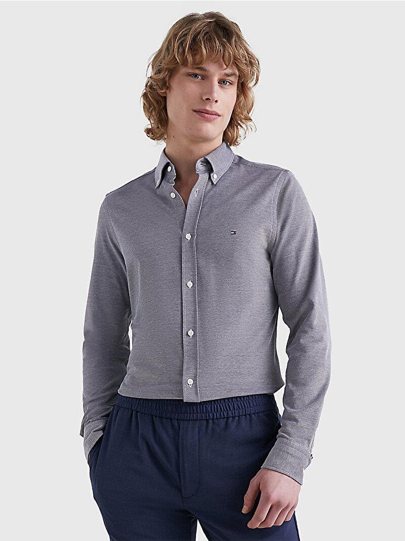 Tommy Hilfiger Tommy Hilfiger Erkek Dokuma Gömlek Yaka Uzun Kol Günlük Gri Gömlek MW0MW30675-DCC