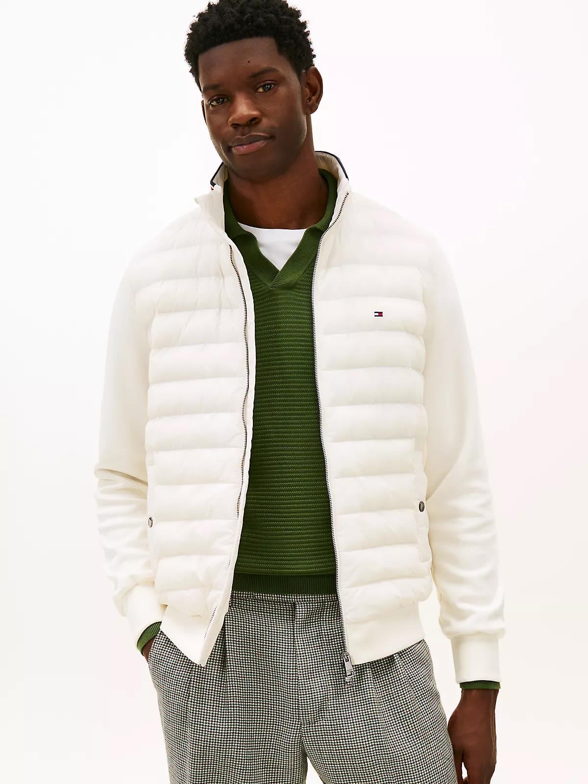 Tommy Hilfiger Tommy Hilfiger Erkek Normal Kalıp Dik Yaka Fermuarlı Kapitone Desenli Kontrast Kollu Beyaz Ceket MW0MW41329-Z00