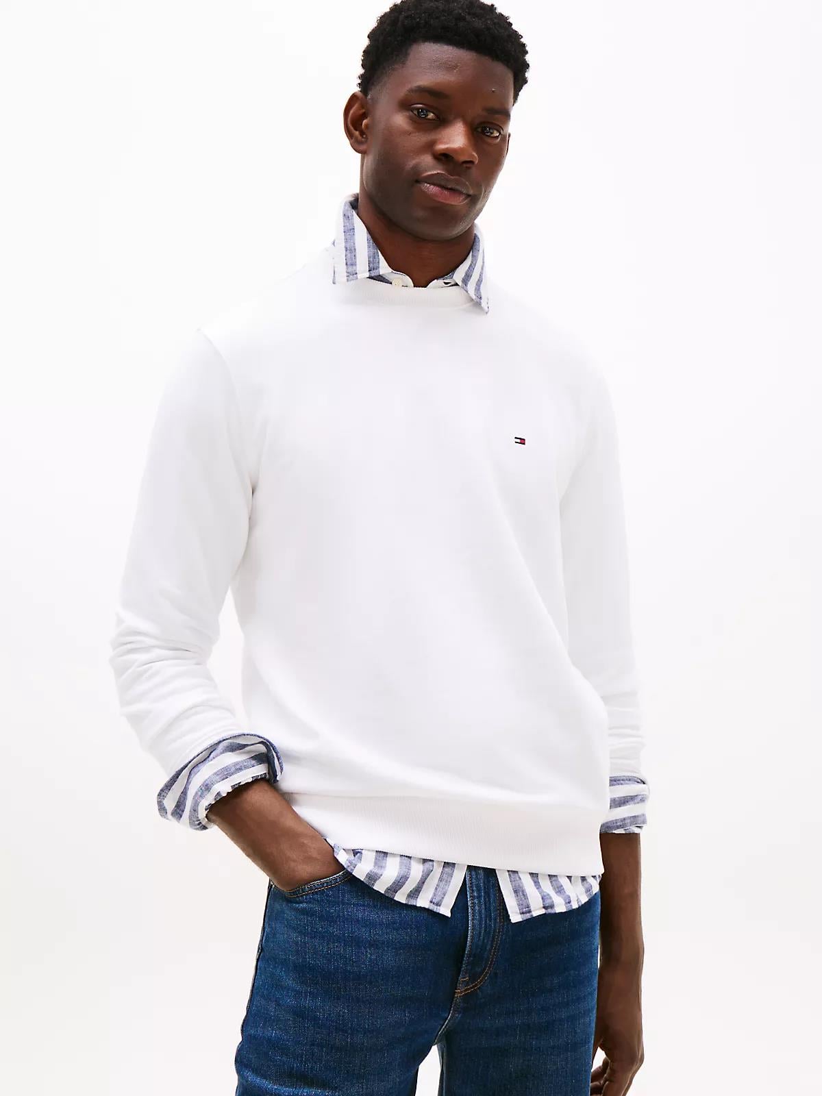 Tommy Hilfiger Tommy Hilfiger Erkek Pamuklu Normal Kalıp Yuvarlak Yakalı Uzun Kollu Beyaz Sweatshirt MW0MW37237-YBR