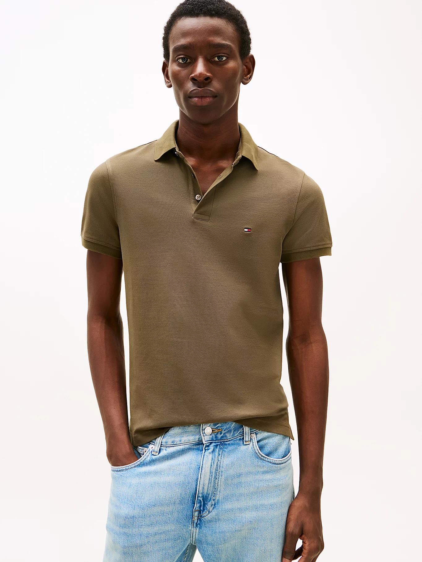 TOMMY HILFIGER Tommy Hilfiger Erkek Pamuklu Polo Yakalı Düğme Kapamalı Kısa Kollu Haki Polo Yaka T-Shirt MW0MW17771-RBN