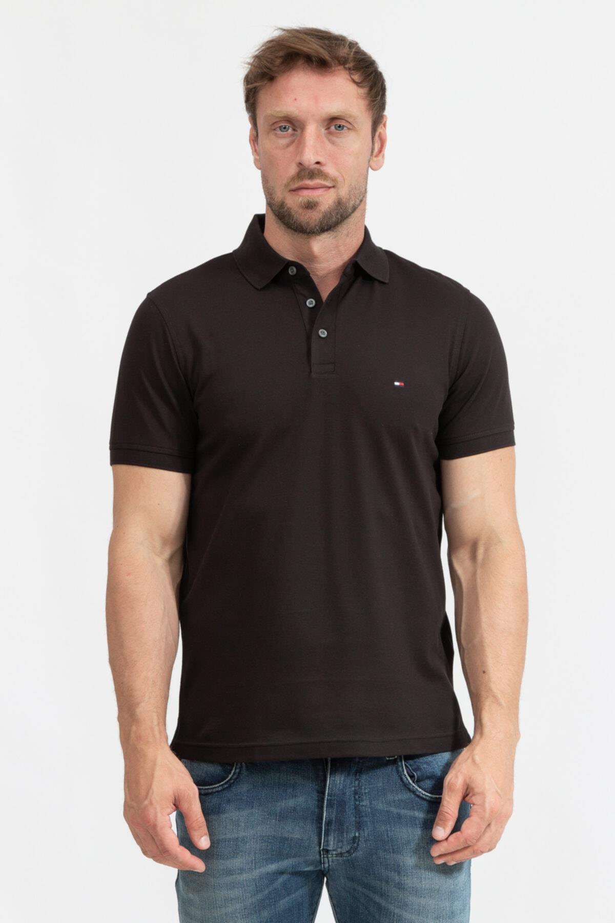 Tommy Hilfiger Tommy Hilfiger Erkek Pamuklu Polo Yakalı Düğme Kapamalı Kısa Kollu Siyah Polo Yaka T-Shirt MW0MW17771-BDS