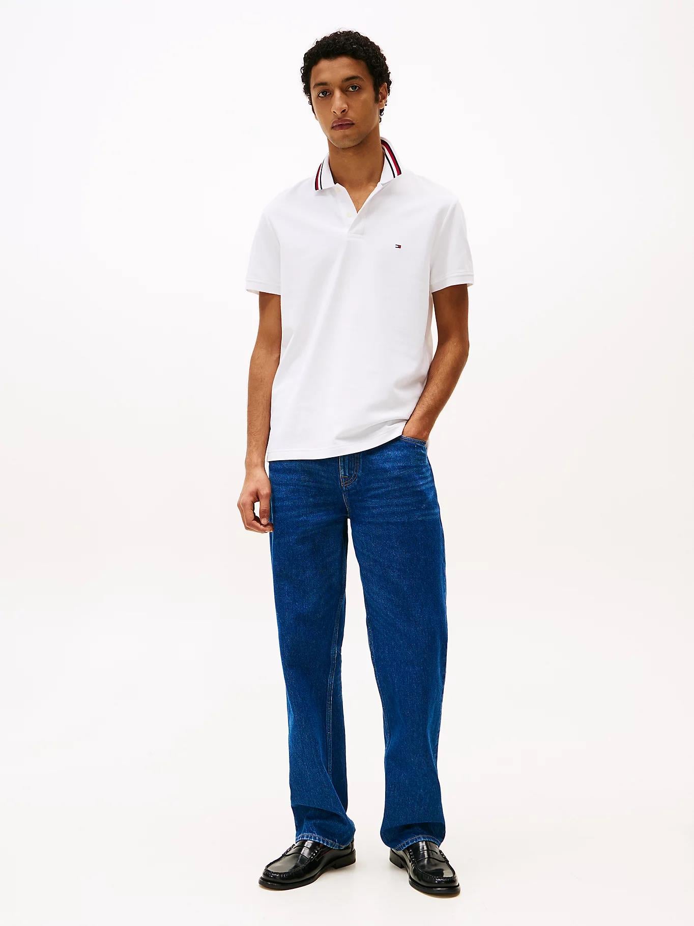 TOMMY HILFIGER Tommy Hilfiger Erkek Regular Fit Yakası Şerit Çizgi Detaylı Kısa Kollu Pamuklu Beyaz Polo Yaka T-Shirt MW0MW38484-YBR