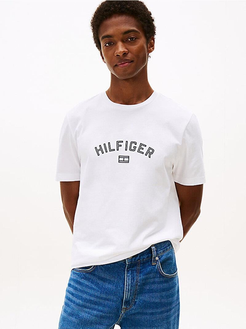 TOMMY HILFIGER Tommy Hilfiger Erkek Regular Fit Pamuklu Logo Baskılı Pamuklu Yuvarlak Yakalı Kısa Kollu Beyaz T-Shirt MW0MW39357-YBR